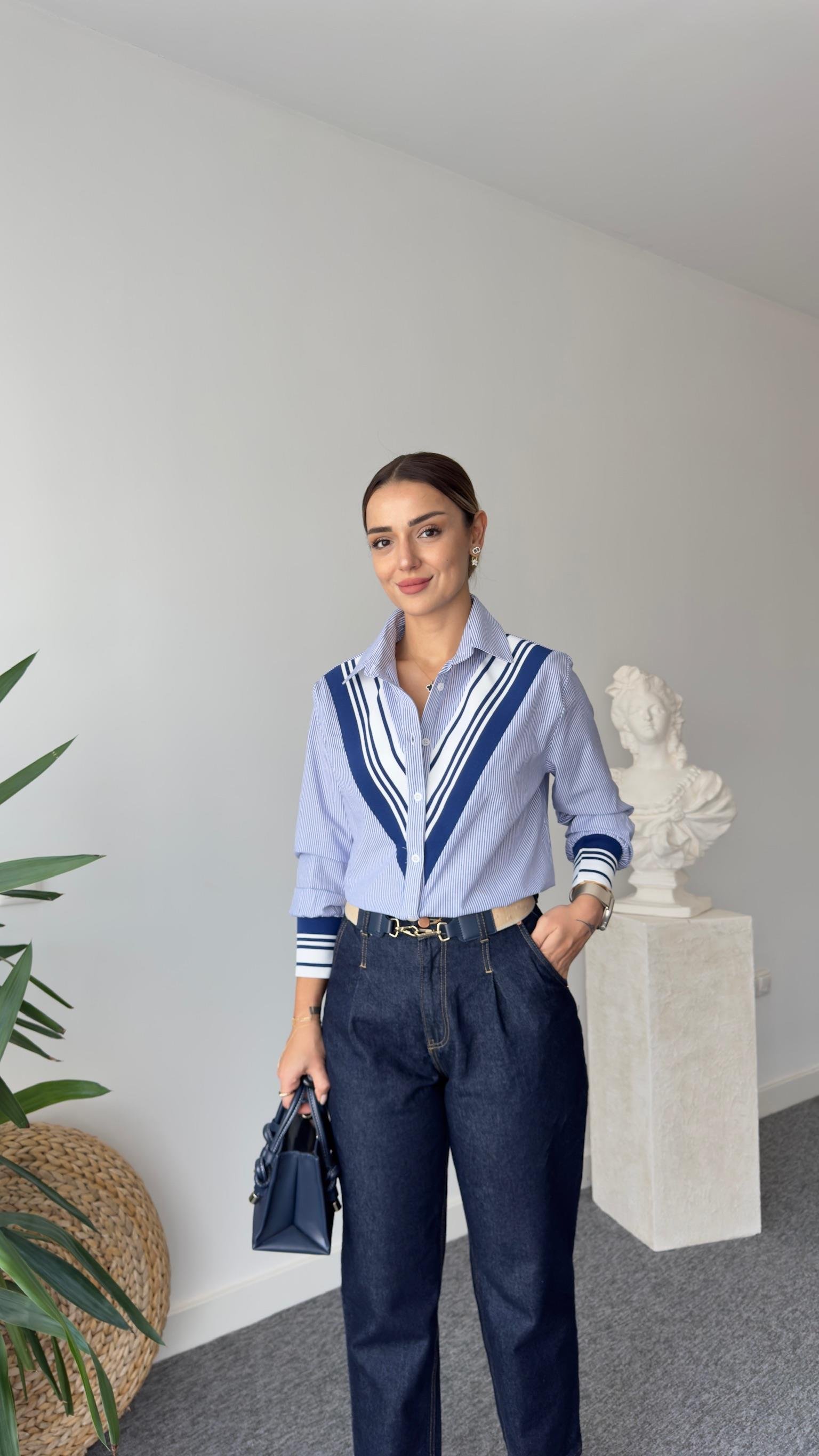 Made Ribanalı Çizgili Lacivert Gömlek