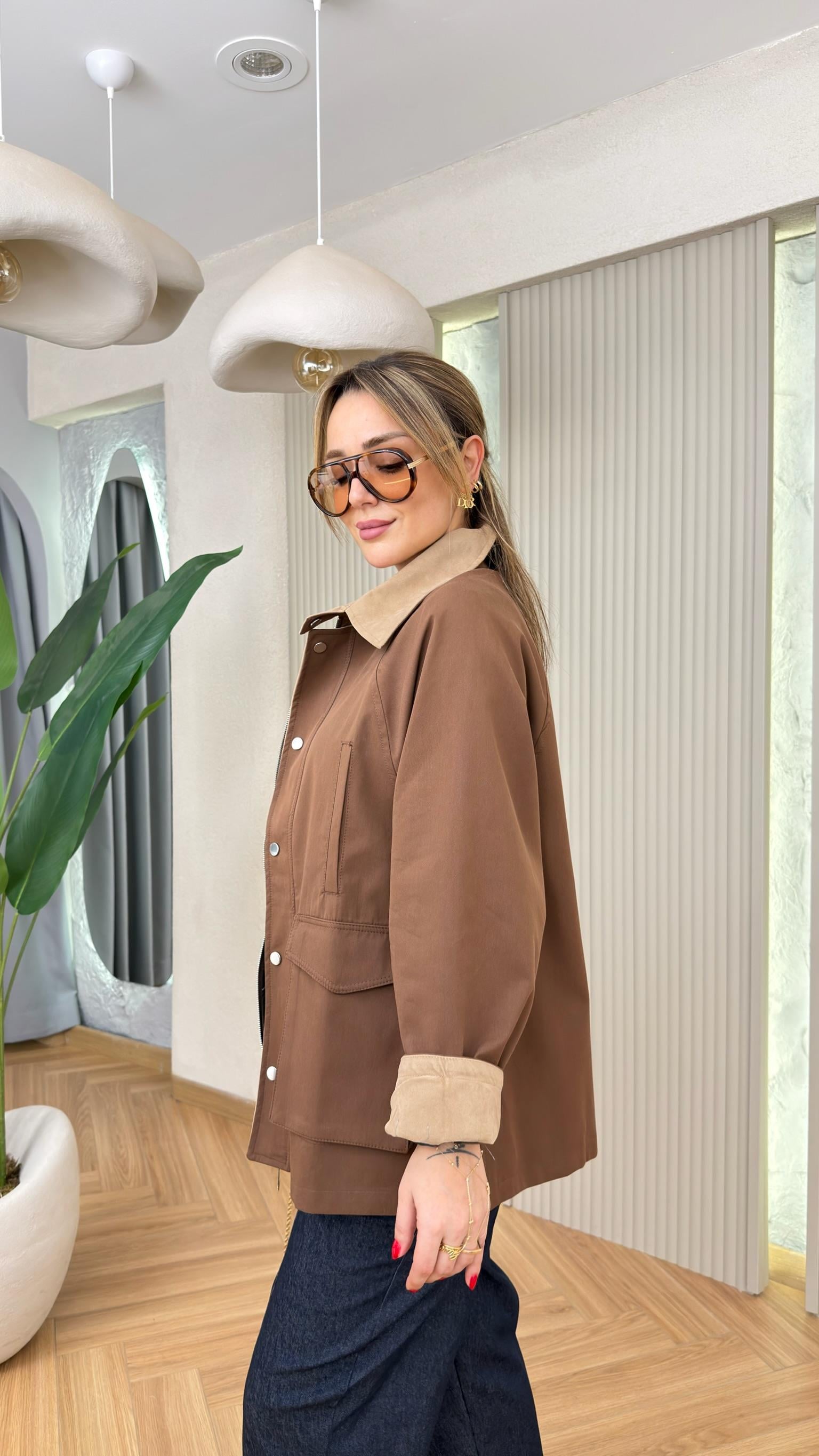 Kahve Larimar Süet Yaka İç Ekoseli Ceket
