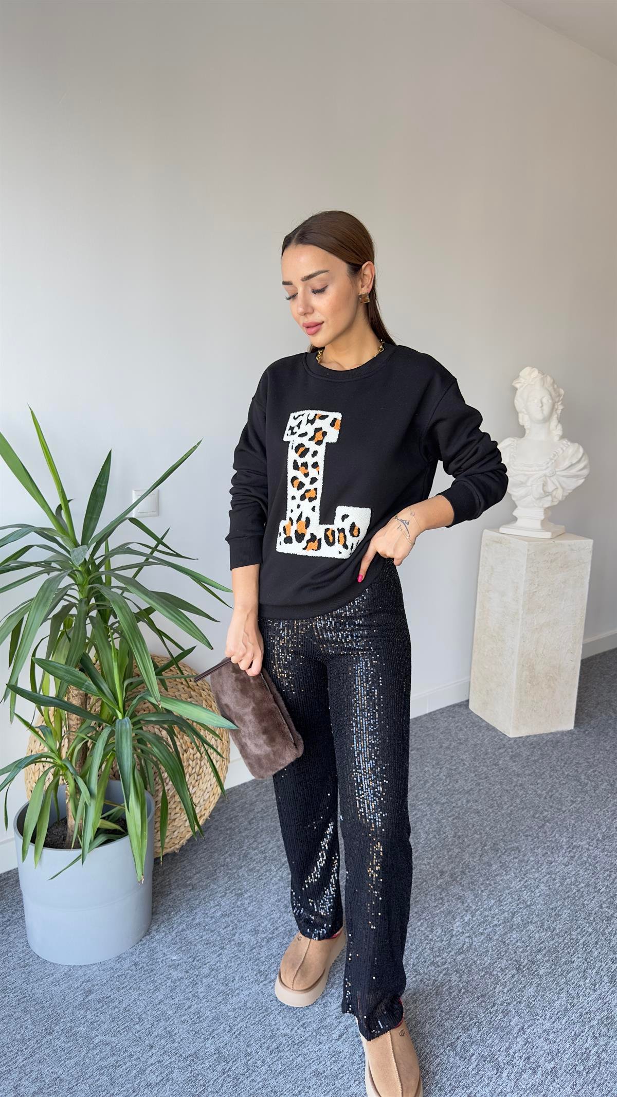 L Baskı Leopar Detay Siyah Zra Sweat