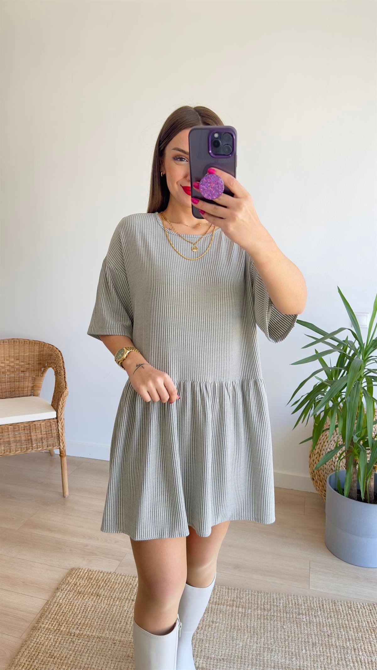 Çizgili Salaş Basic Elbise 