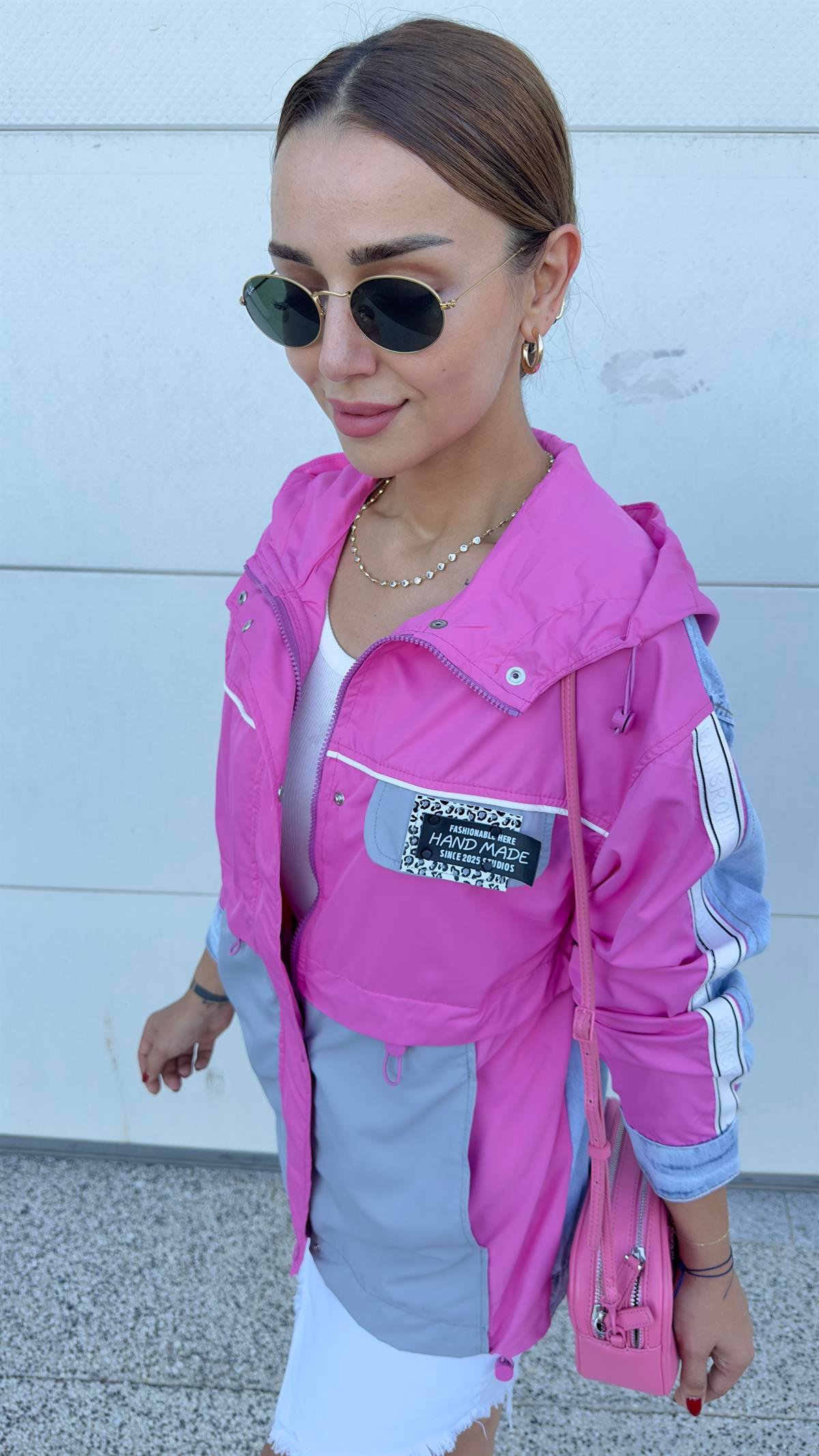 Sırtı Kot Detay Pembe Tasarım Ceket