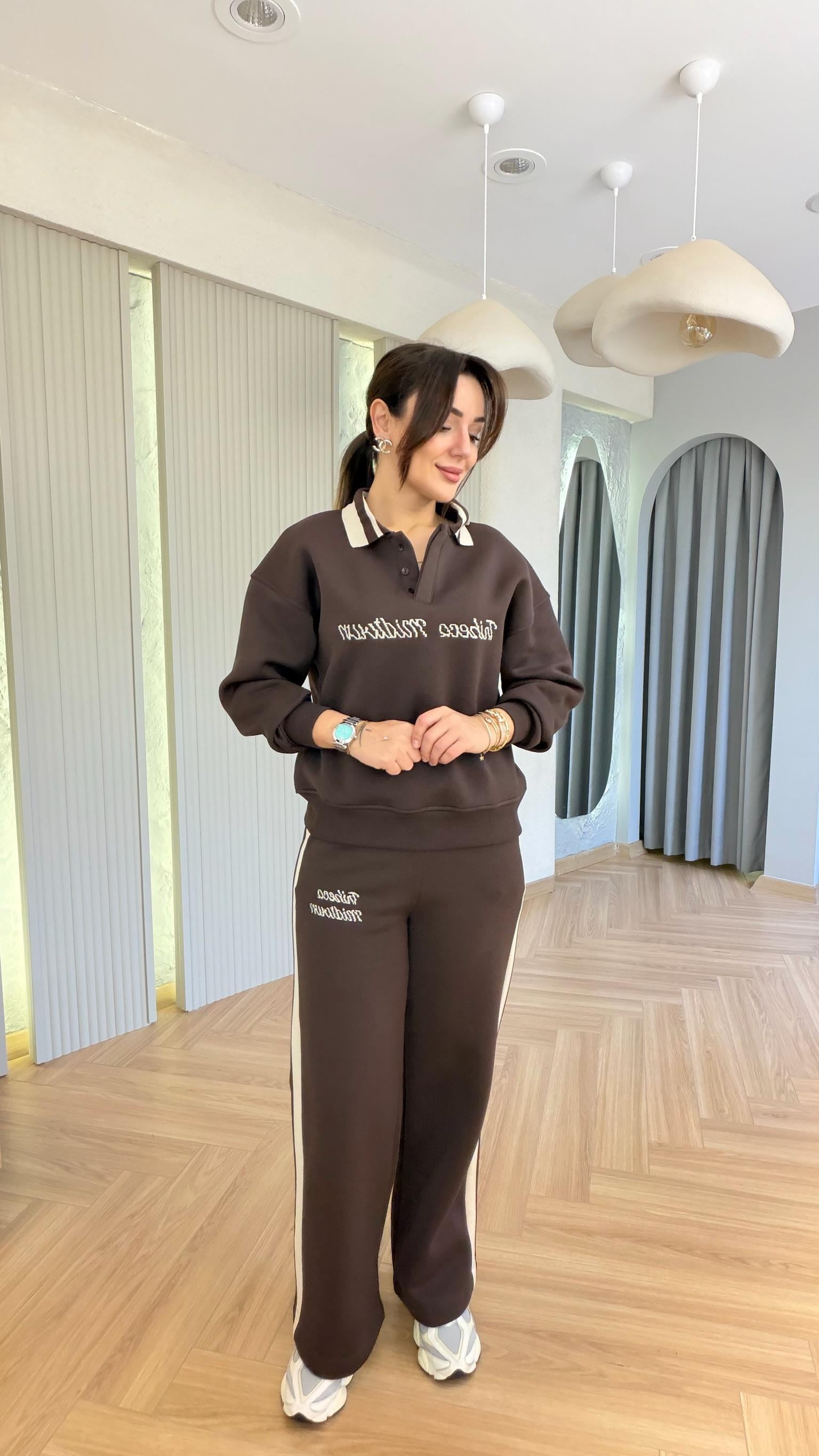 Kahve Gnies Polo Yaka Şardonlu Takım