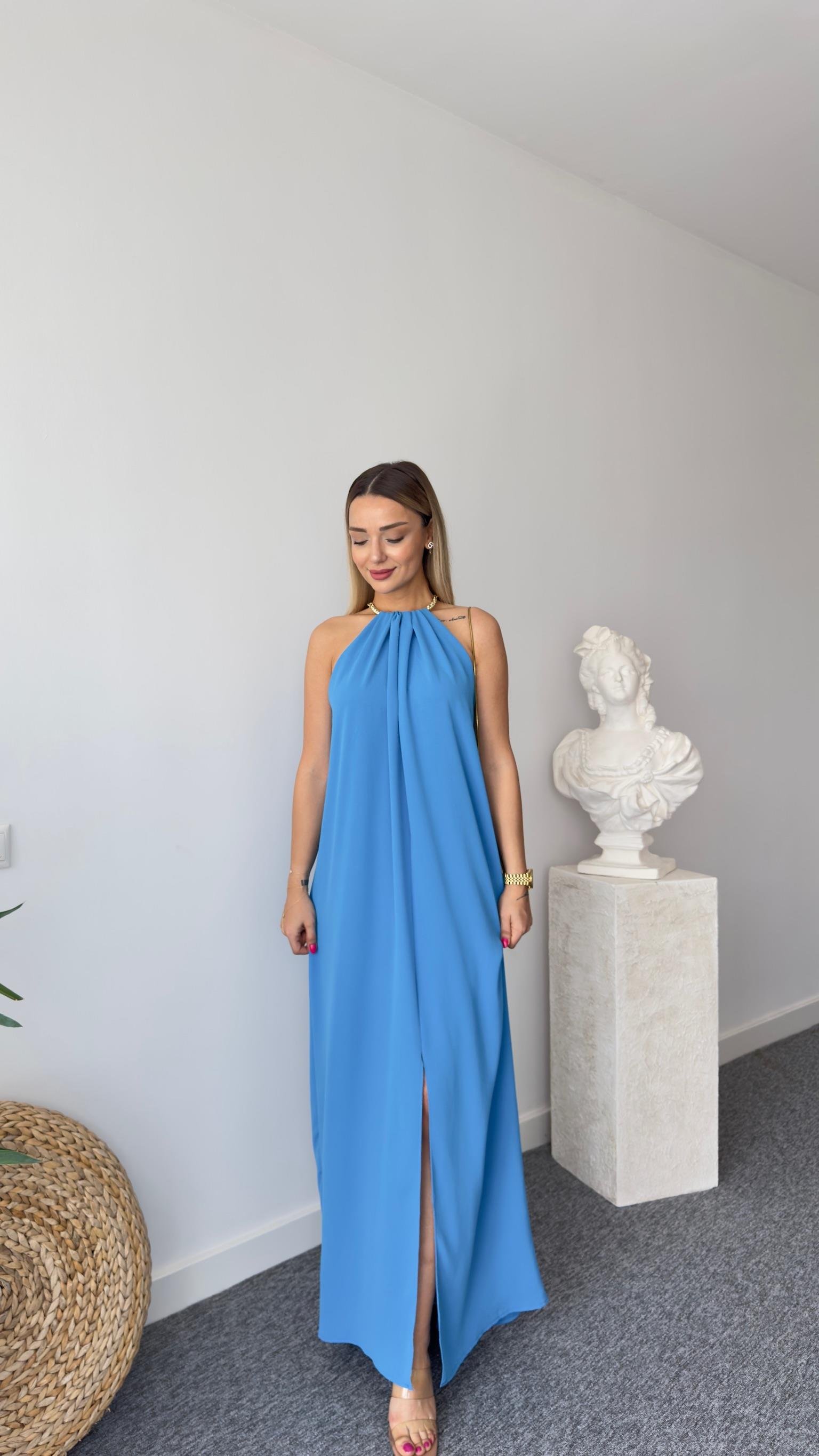 Kolyeli Orj Model Mavi Elbise 