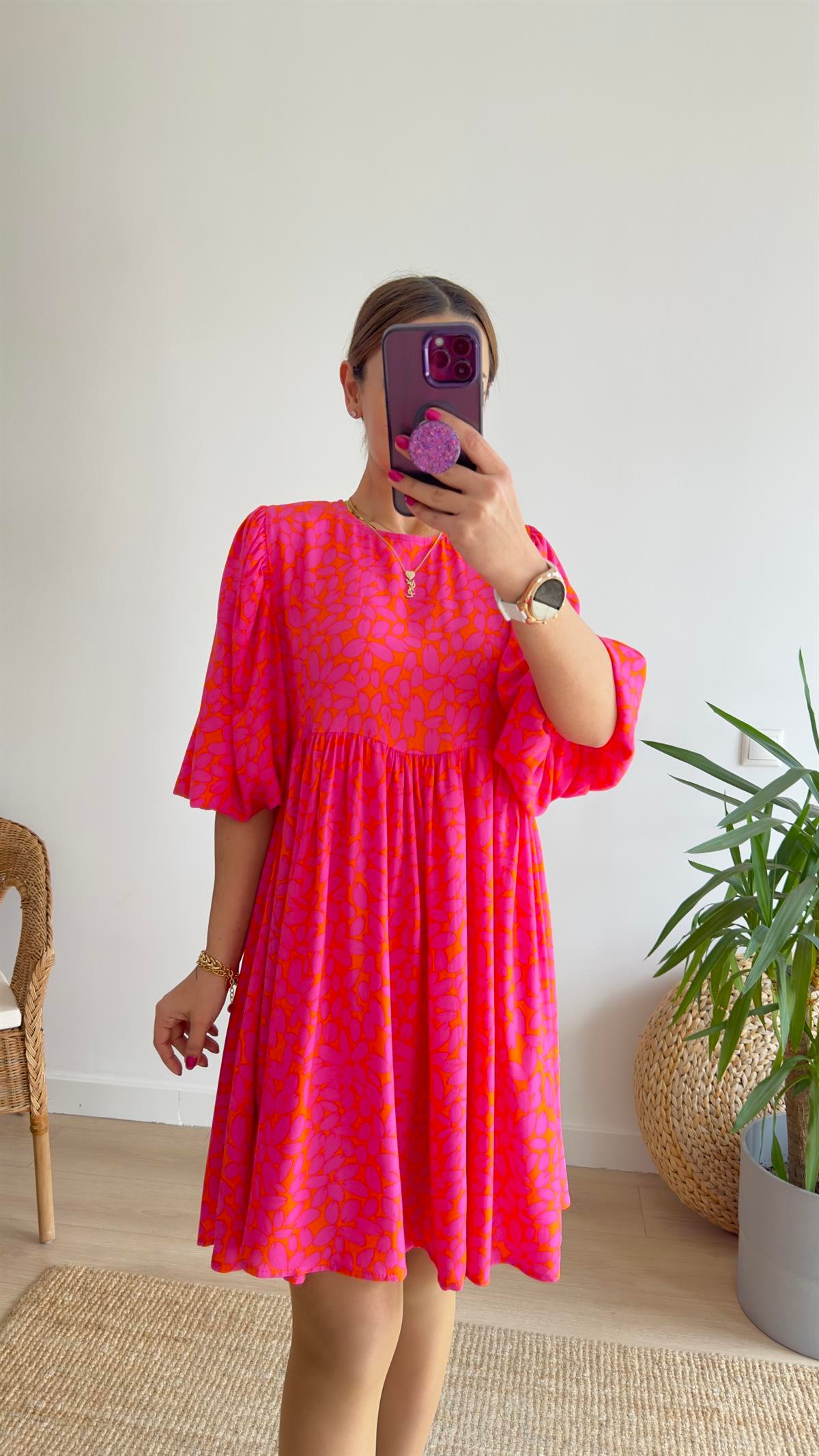Belda Pembe Turuncu Desenli Elbise