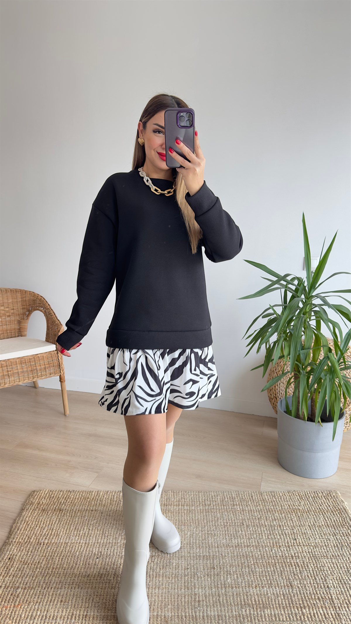 Etek Ucu Zebra Desen Siyah Elbise 