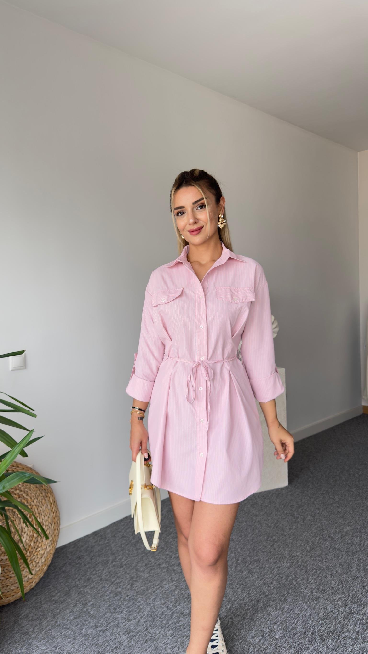 Nesta Çizgili Pembe Tunik Elbise