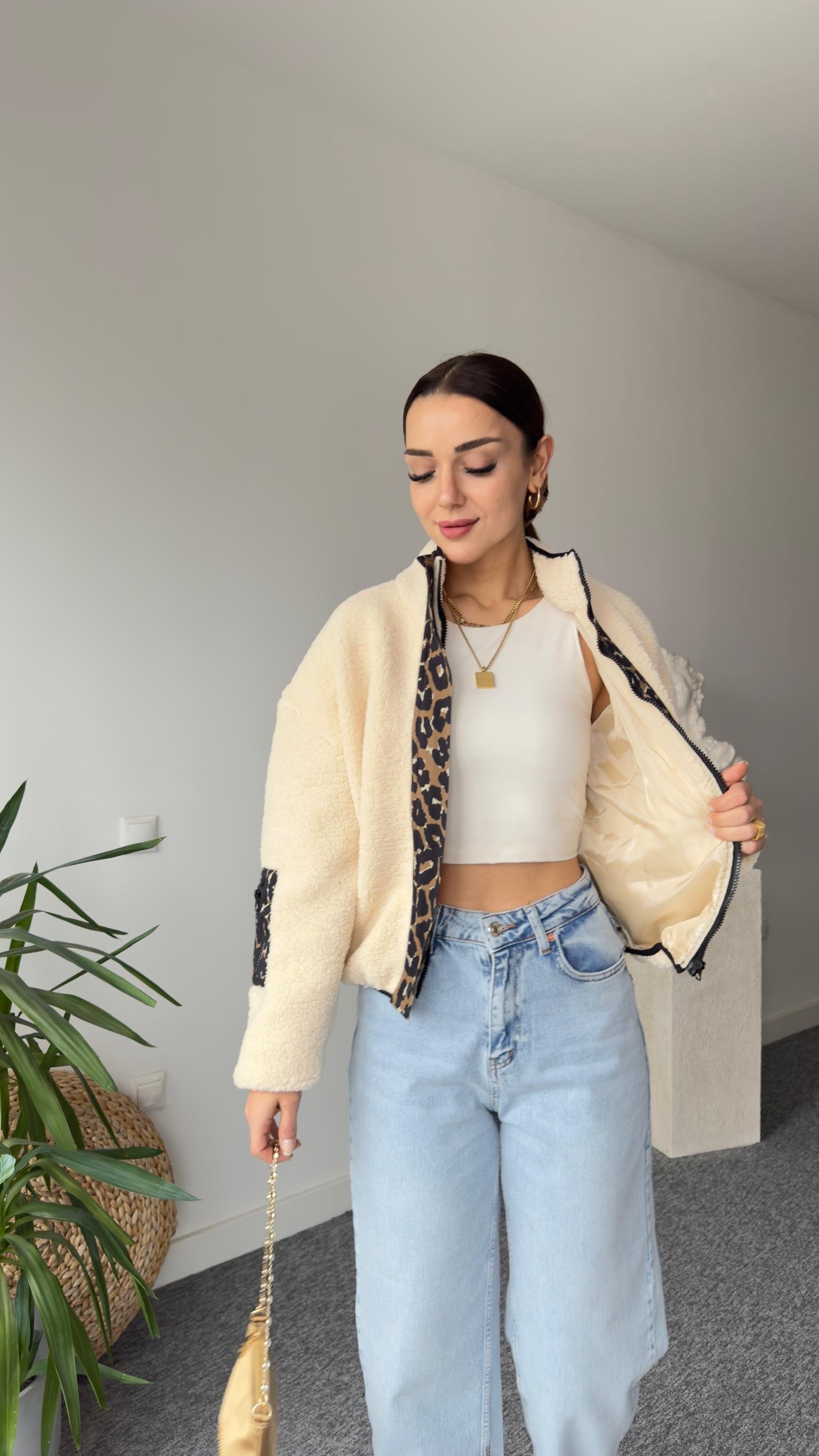 Leopar Detaylı Astarlı Teddy Ceket