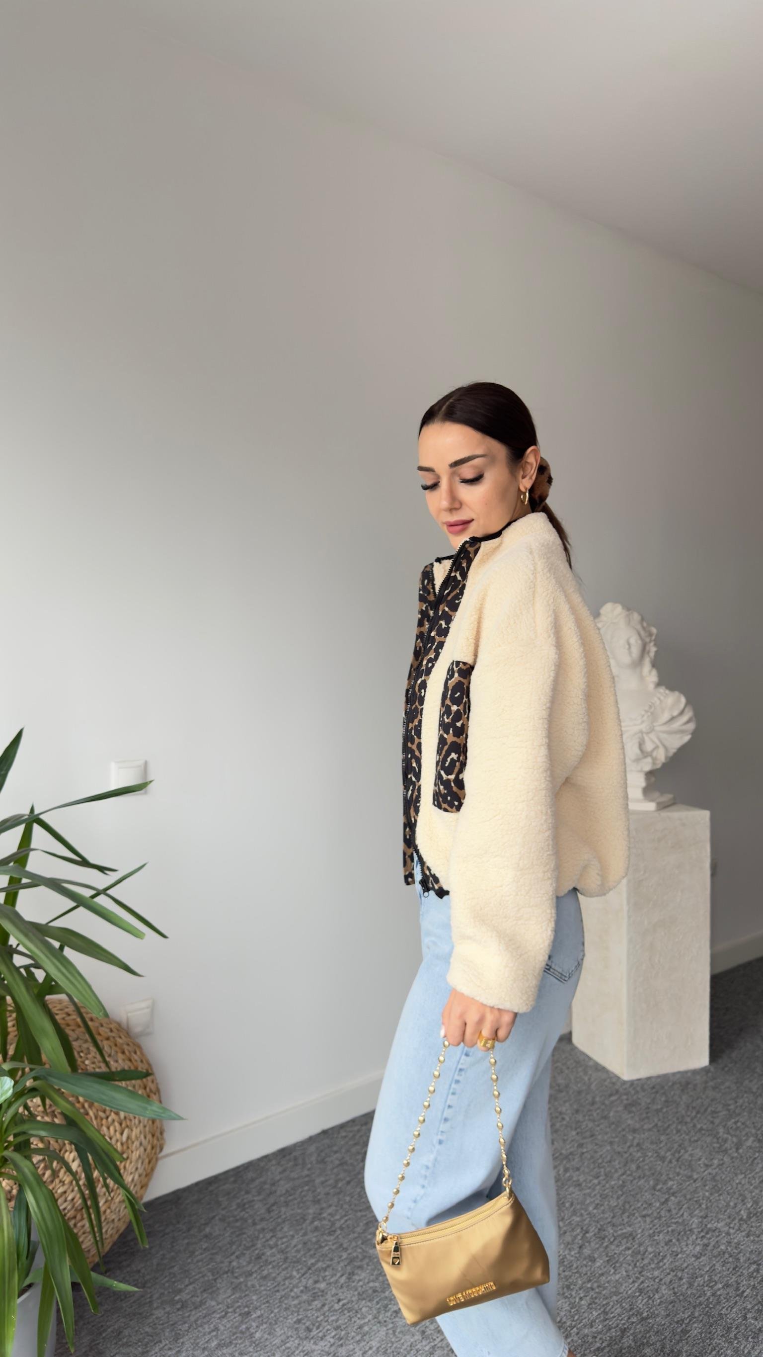 Leopar Detaylı Astarlı Teddy Ceket