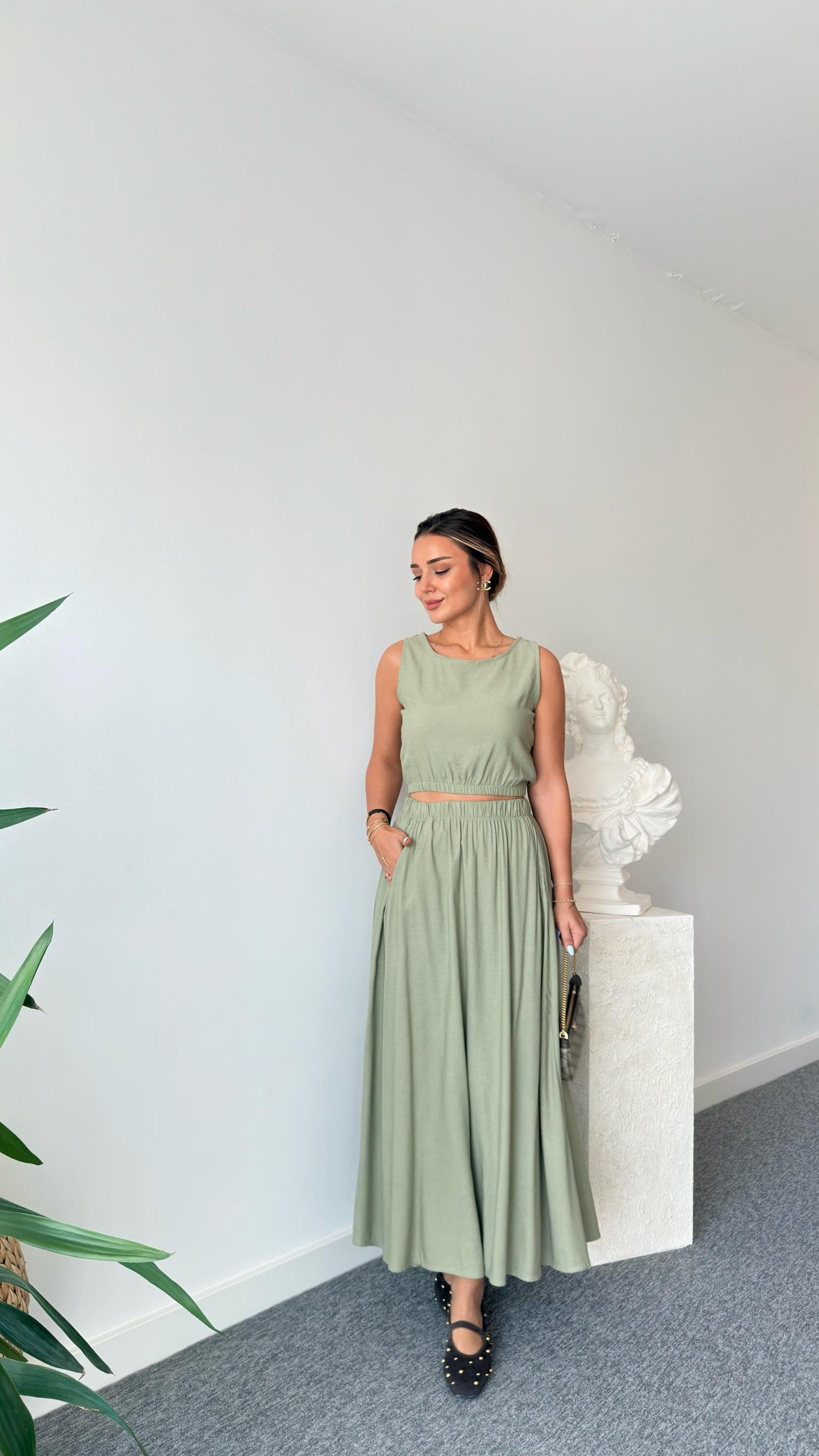 Mint Keten Etekli Crop Takım