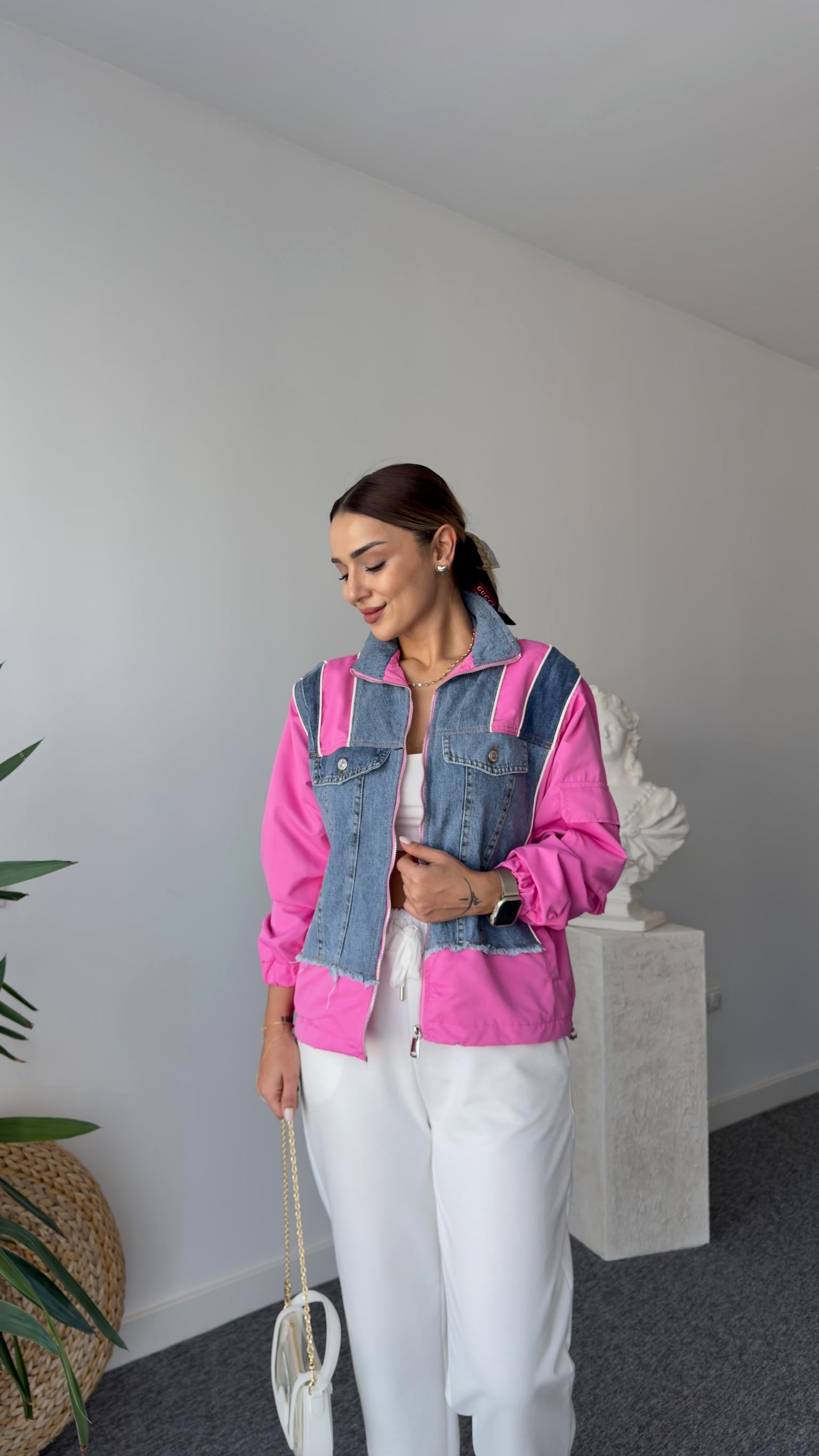 Lucas Pembe Şeritli Denim Mix Ceket