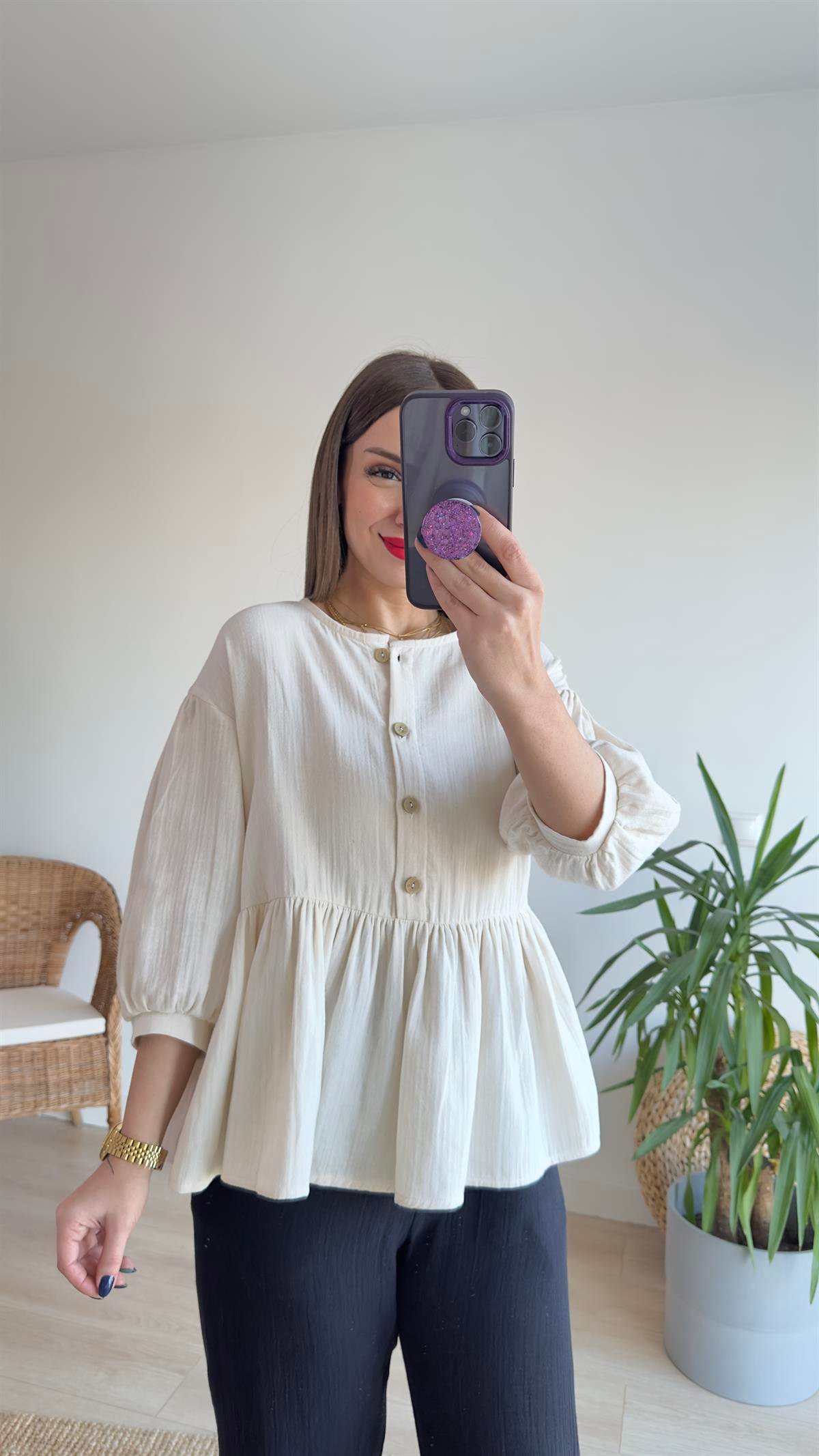 Düğmeli Keten Bluz