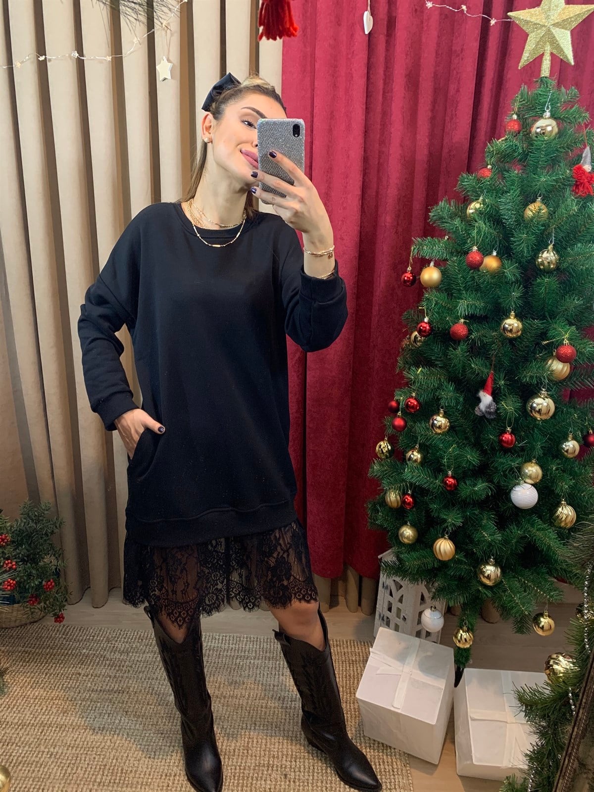 Etek Ucu Dantelli Sweat Elbise