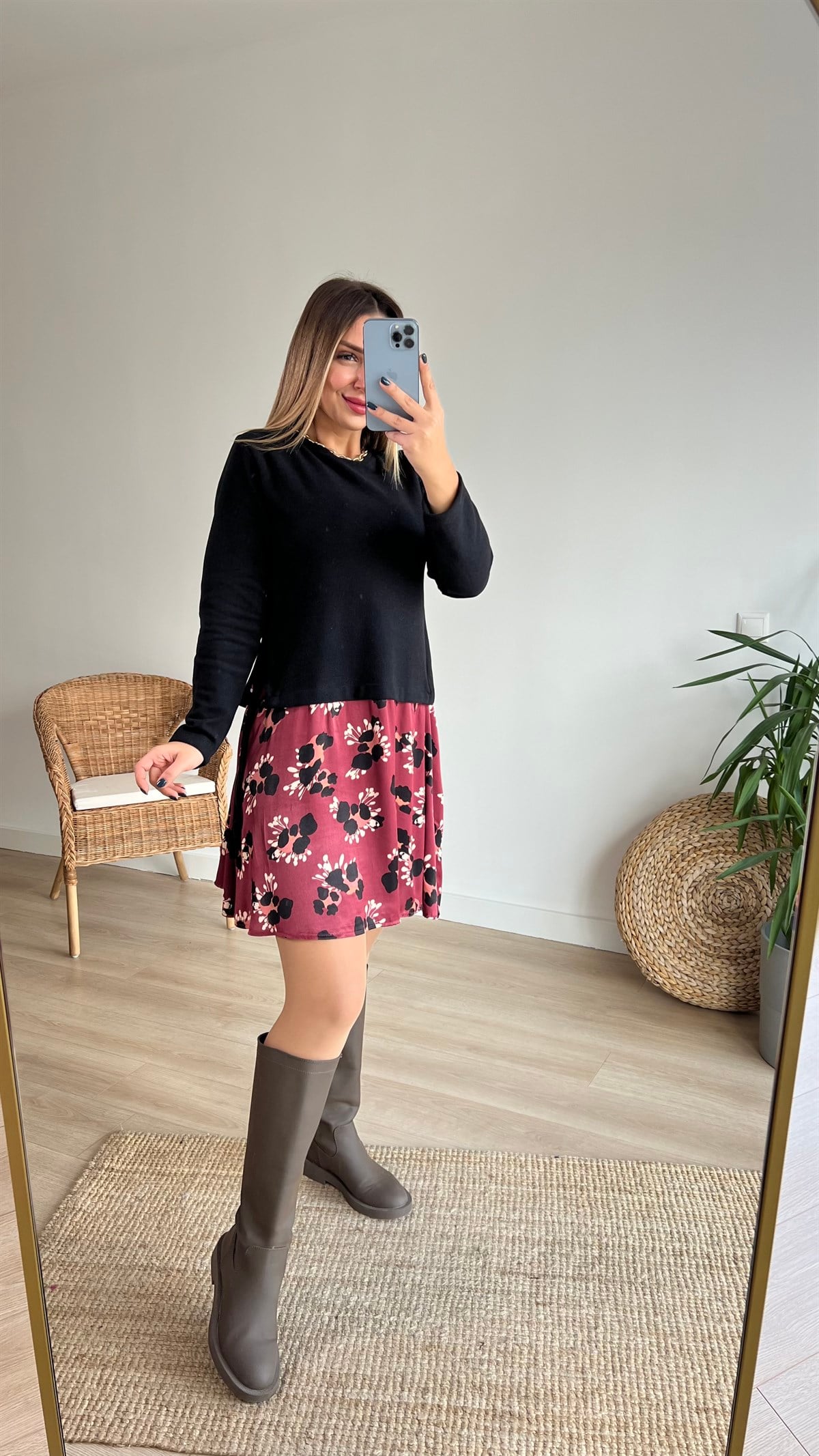 Bordo Saten Detaylı Triko Elbise 