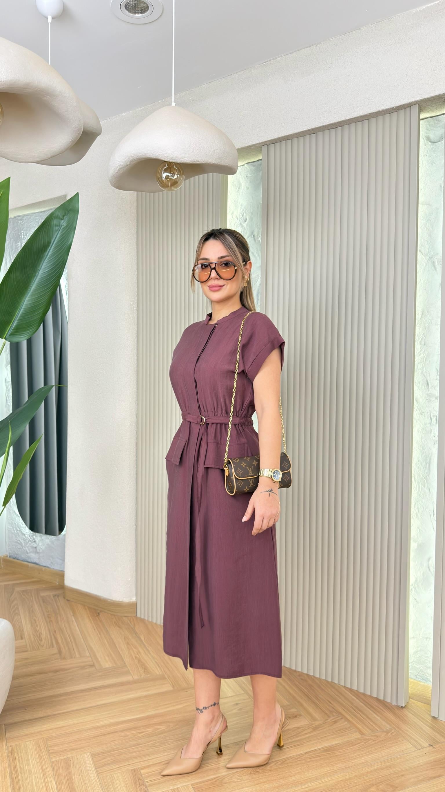 Mürdüm Luvira İnce Kuşaklı Orj Model Tensel Elbise 