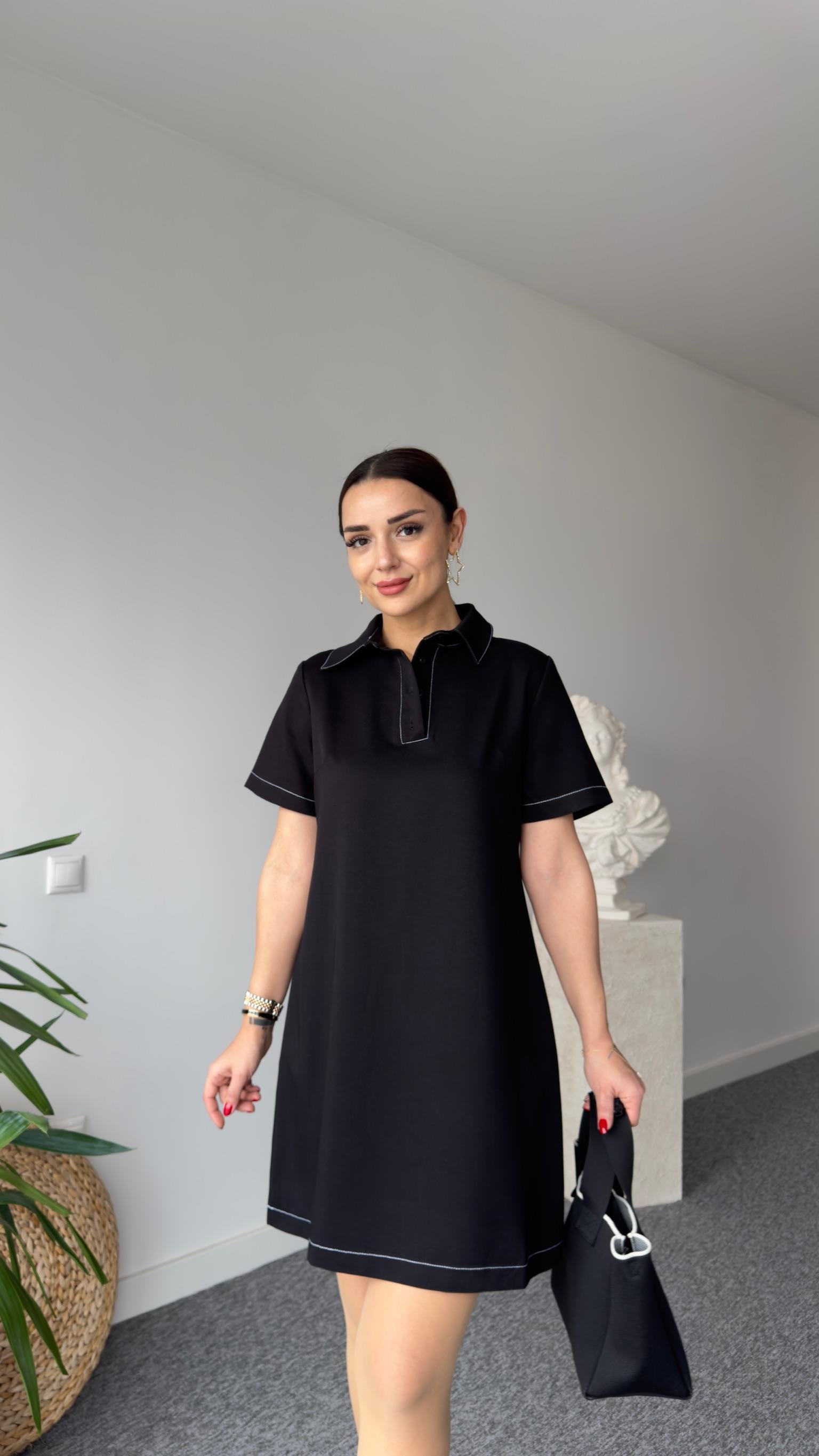 Dikiş Detaylı Polo Yaka Siyah Basic Elbise 