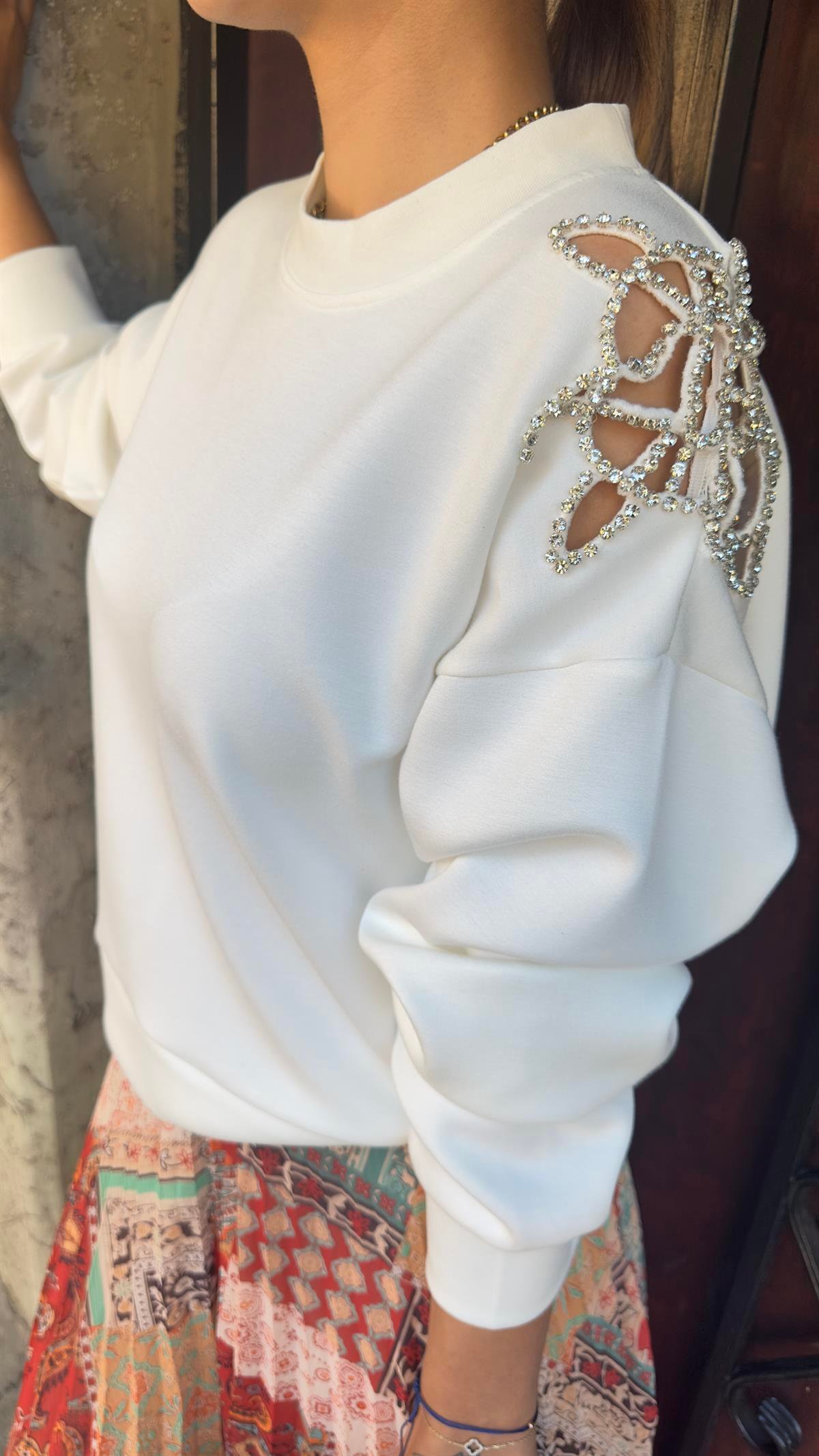 Omuz Detay Orj Model Beyaz Sweat