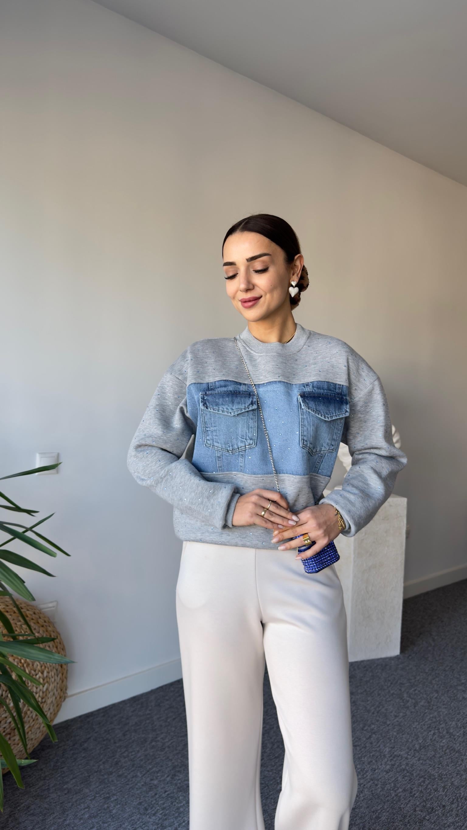 Kais Kot Garnili Taşlı Gri Sweatshirt