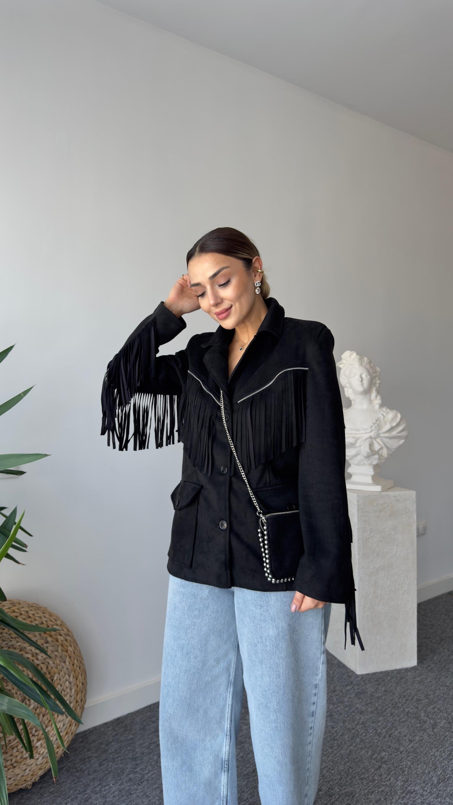 Henko Püsküllü Siyah Süet Ceket