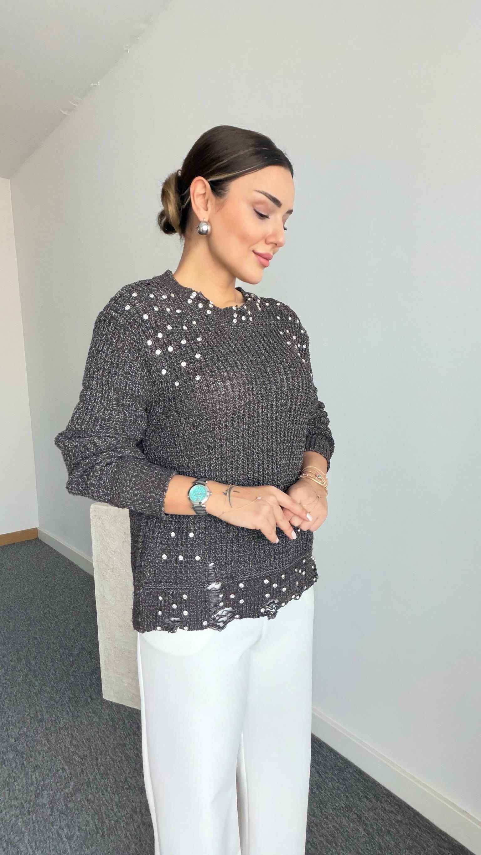 Kahve Lehan Tws Model Taş Detaylı Kazak