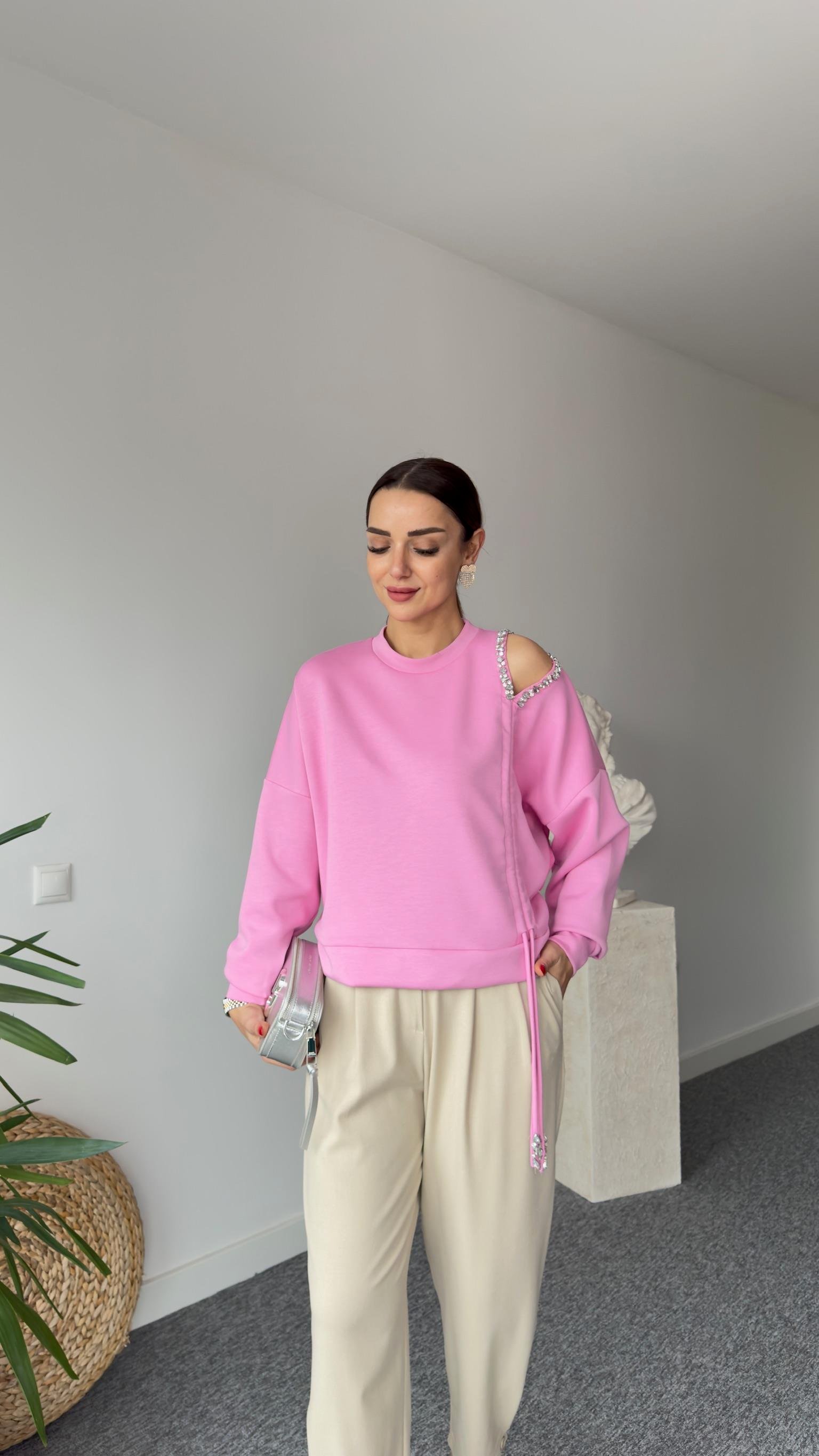 Premıum Büzgülü Taş Detay Pembe Modal Sweat