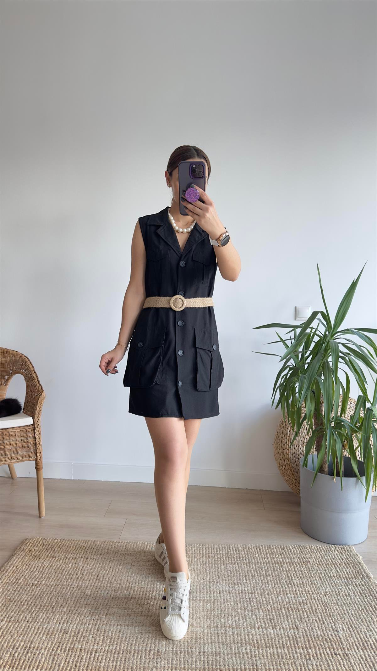 Utto Zra Model Kemerli Siyah Keten Elbise