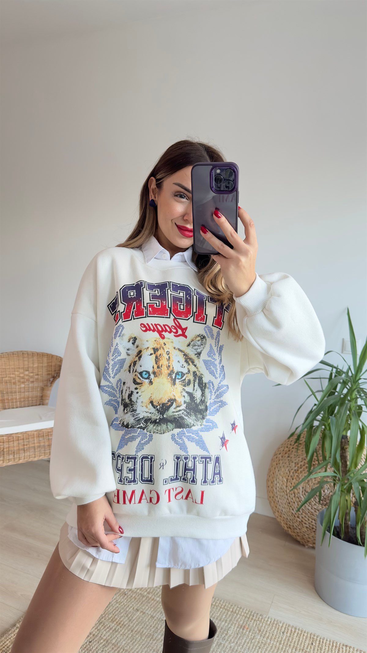 Tıger Baskı Şardonlu Beyaz Sweat