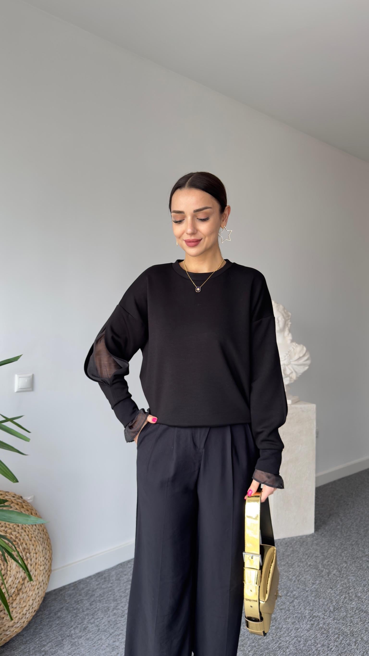 Kolu Pencereli Tül Detay Siyah Modal Sweat