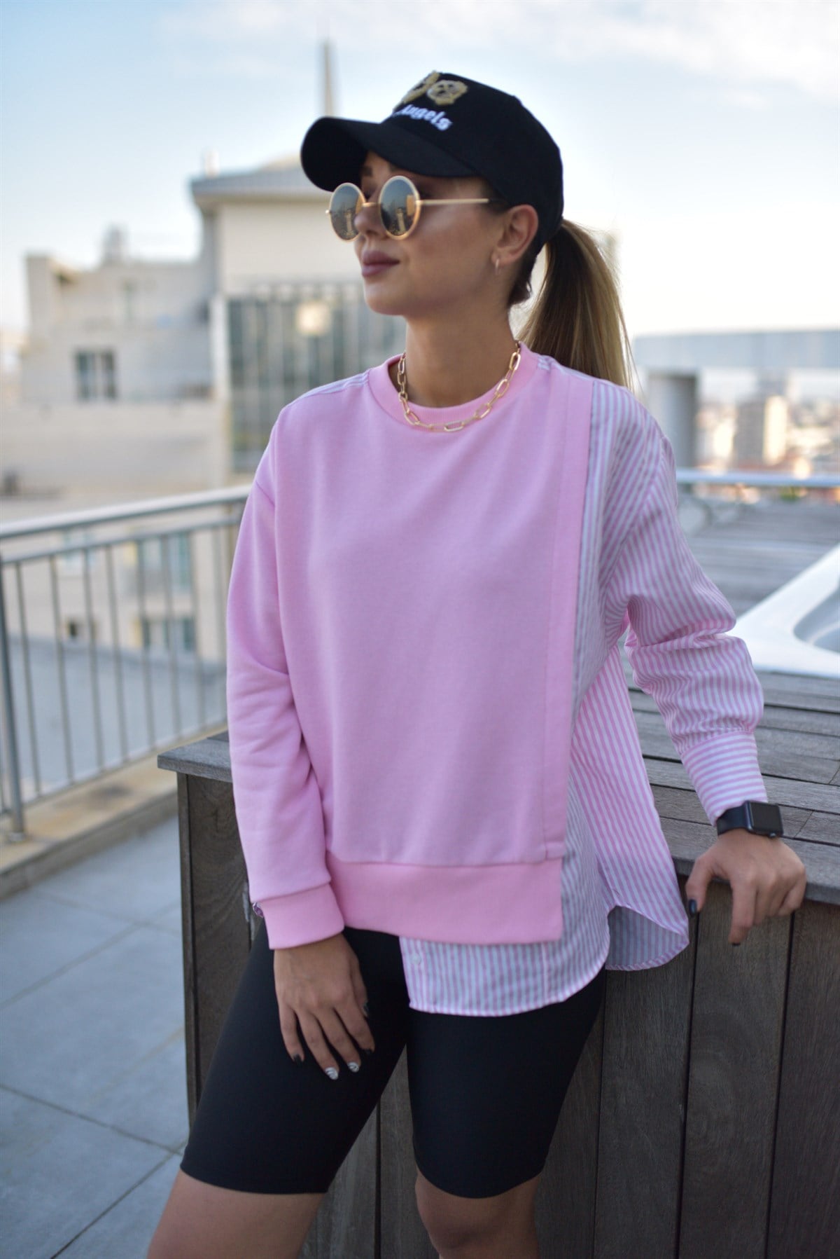 Gömlek Detaylı Pembe Sweatshirt