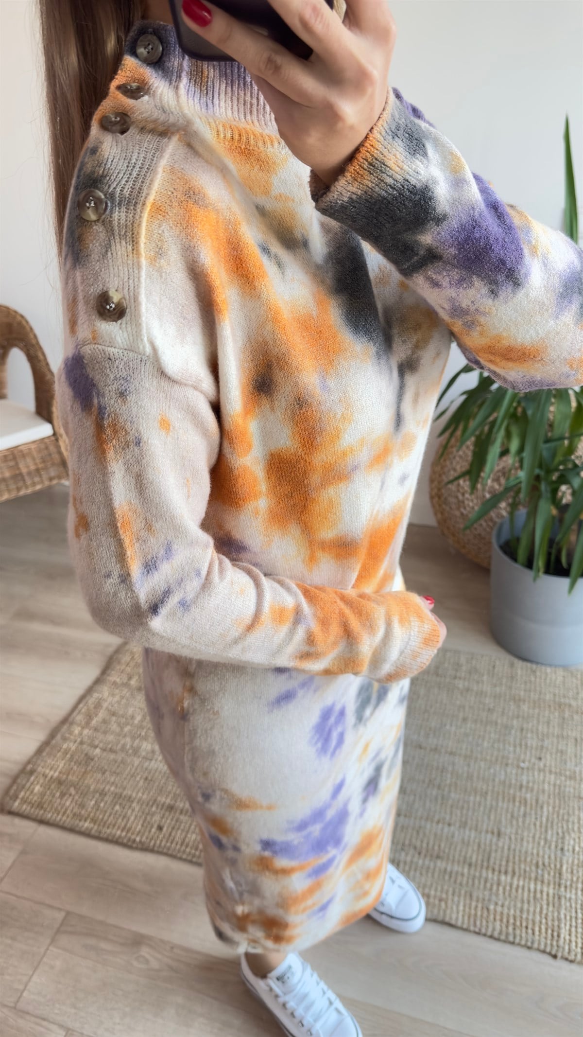 Yaka Düğmeli Batik Desen Elbise 