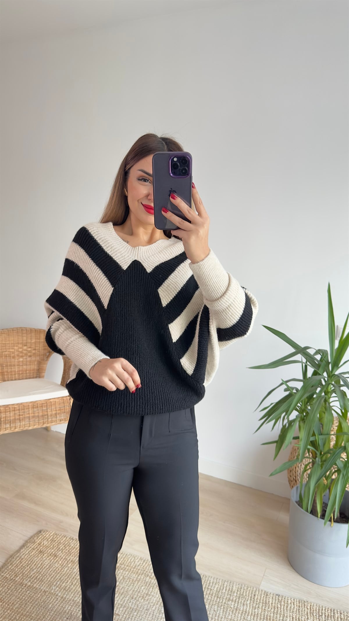 Yarasa Kol Çizgili Triko