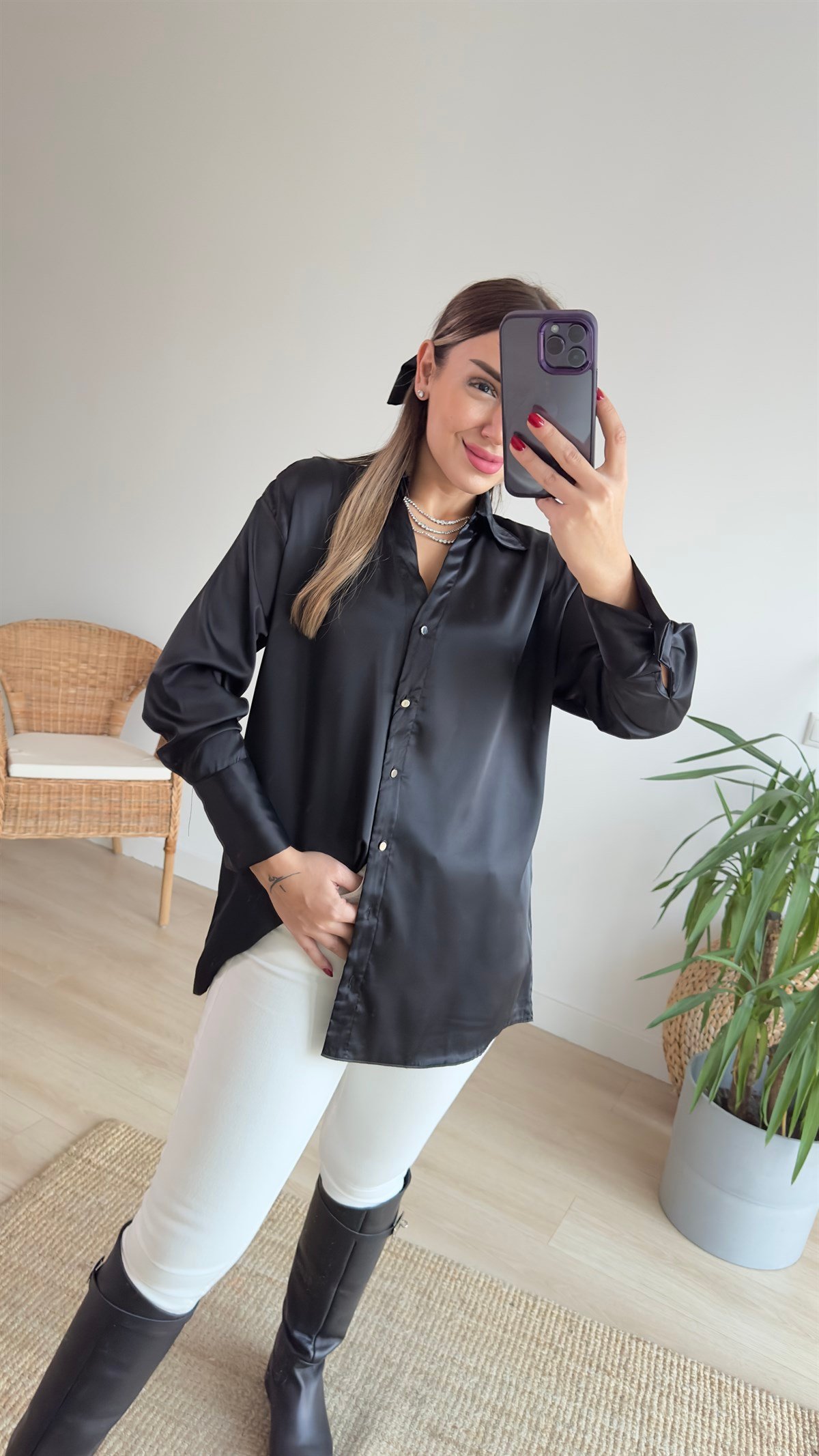 Saten Siyah Basic Gömlek