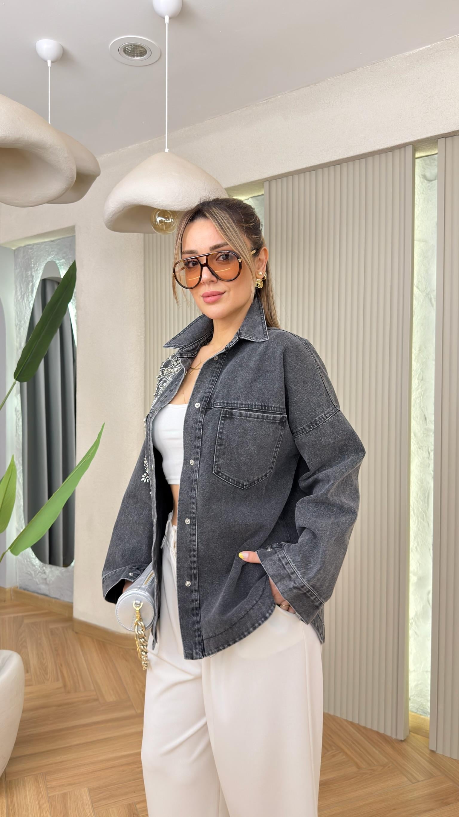 Antrasit Prela Taş Motif İşlemeli Kot Ceket 