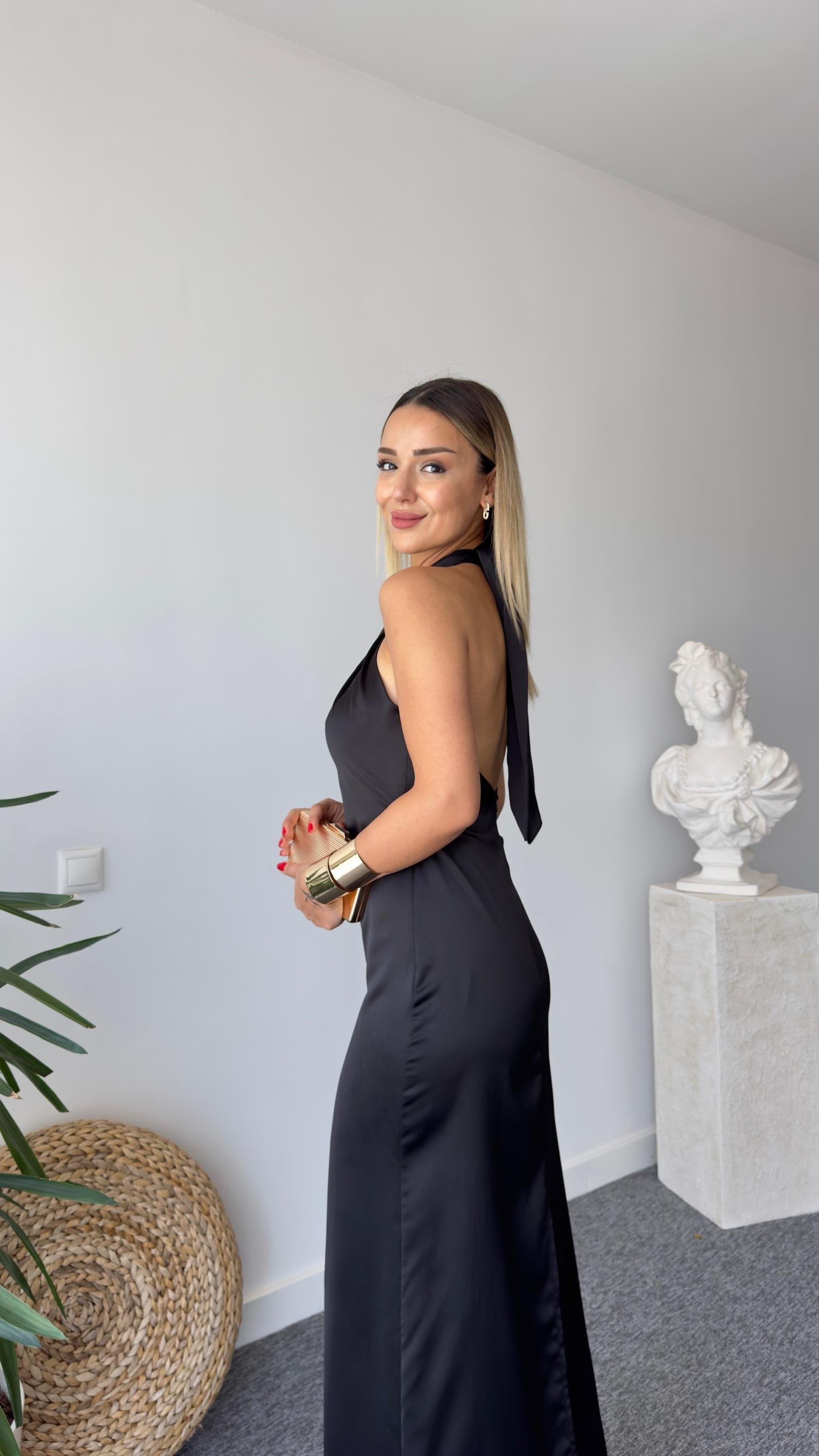 Pex Sırt Dekolteli Siyah Saten Elbise