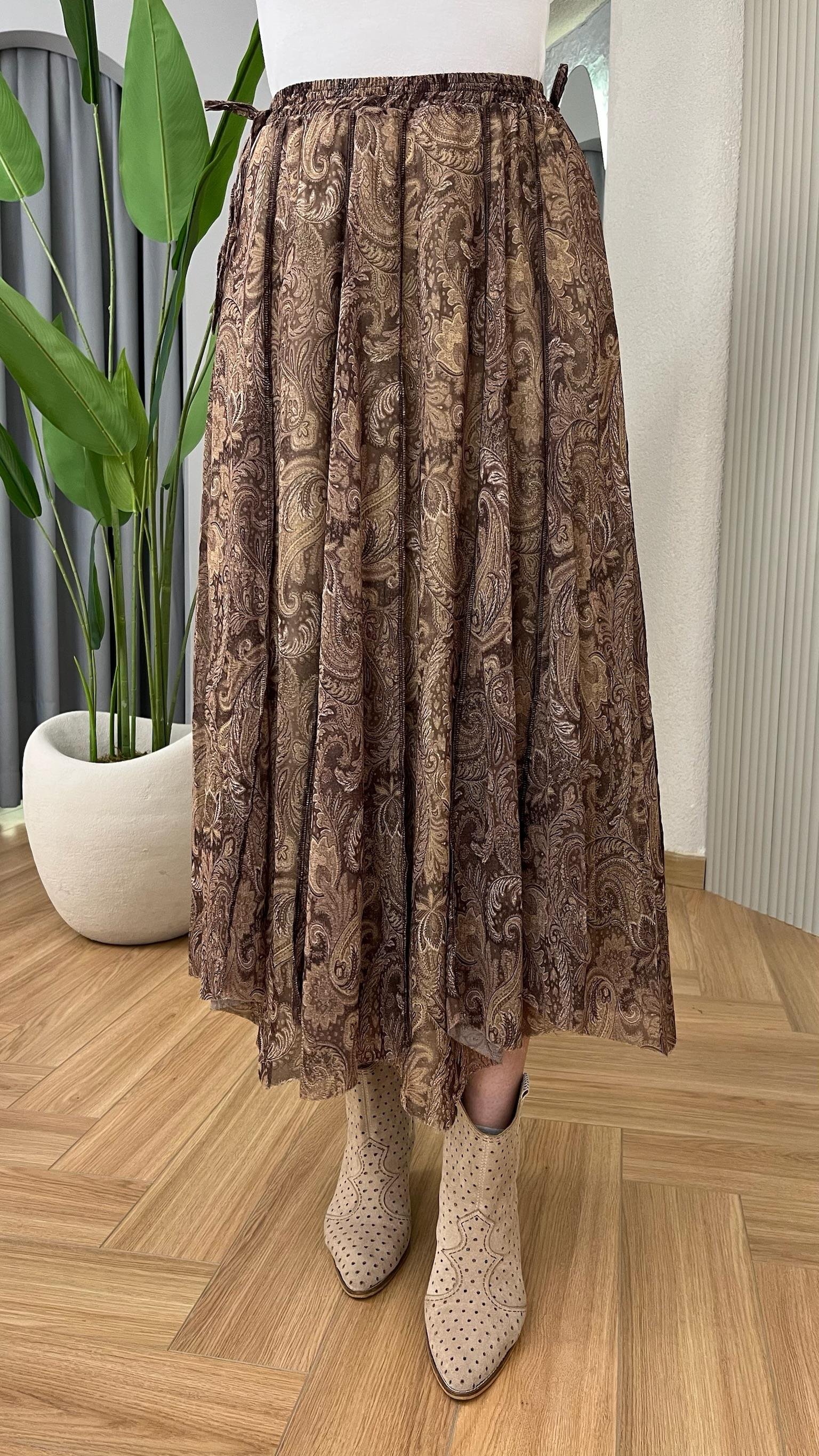 Kahve Zien Etnik Desenli Şifon Etek