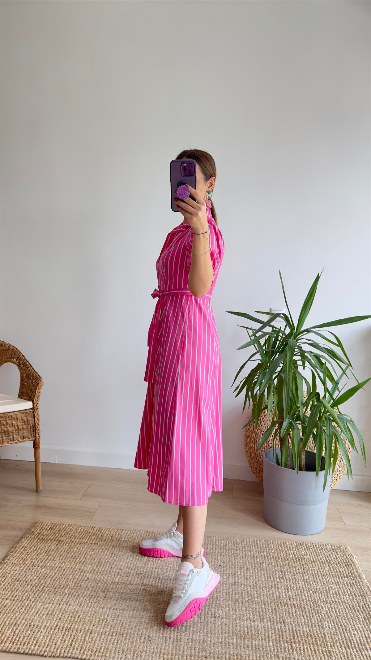 Montes Çizgili Pembe Gömlek Elbise