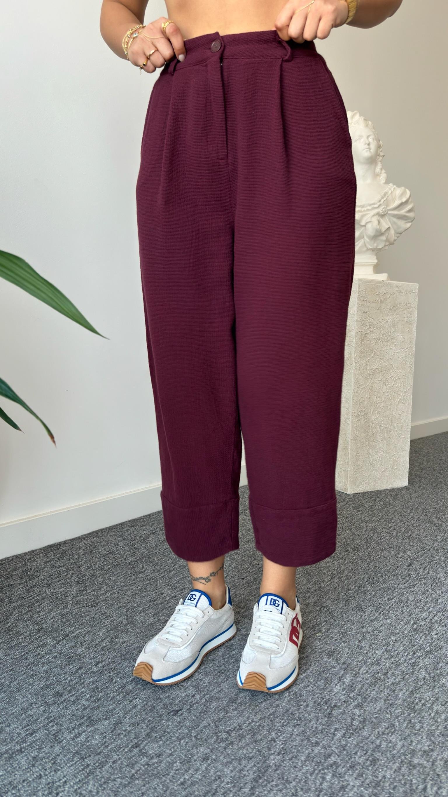 Bordo Weren Yelekli Keten Takım 