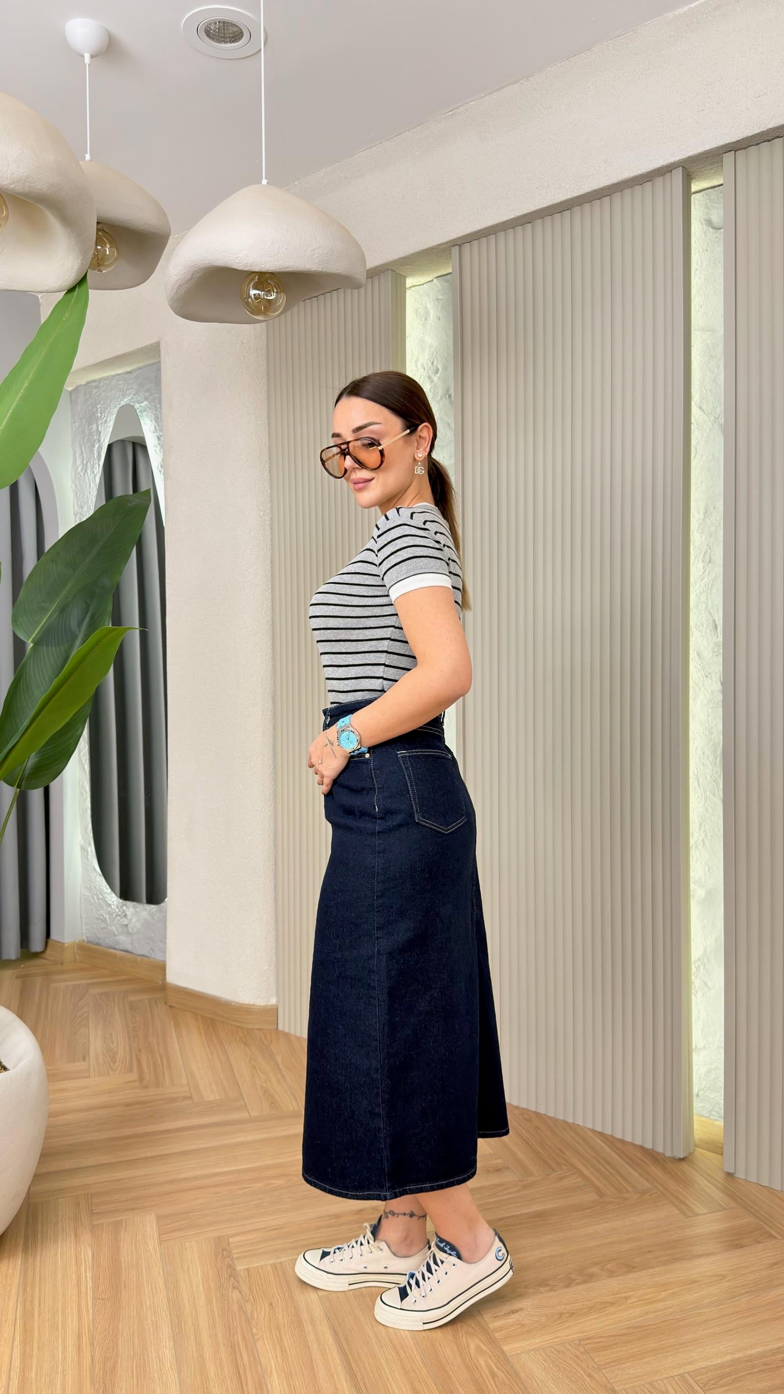 Lacivert Quince Önden Yırtmaçlı Kot Etek