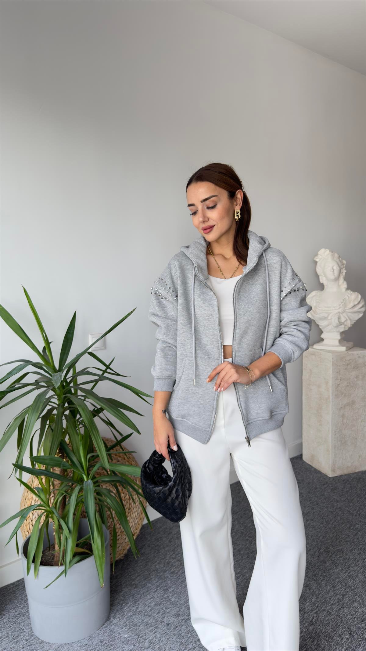 Orj Model Kolları Taşlı Gri Sweat