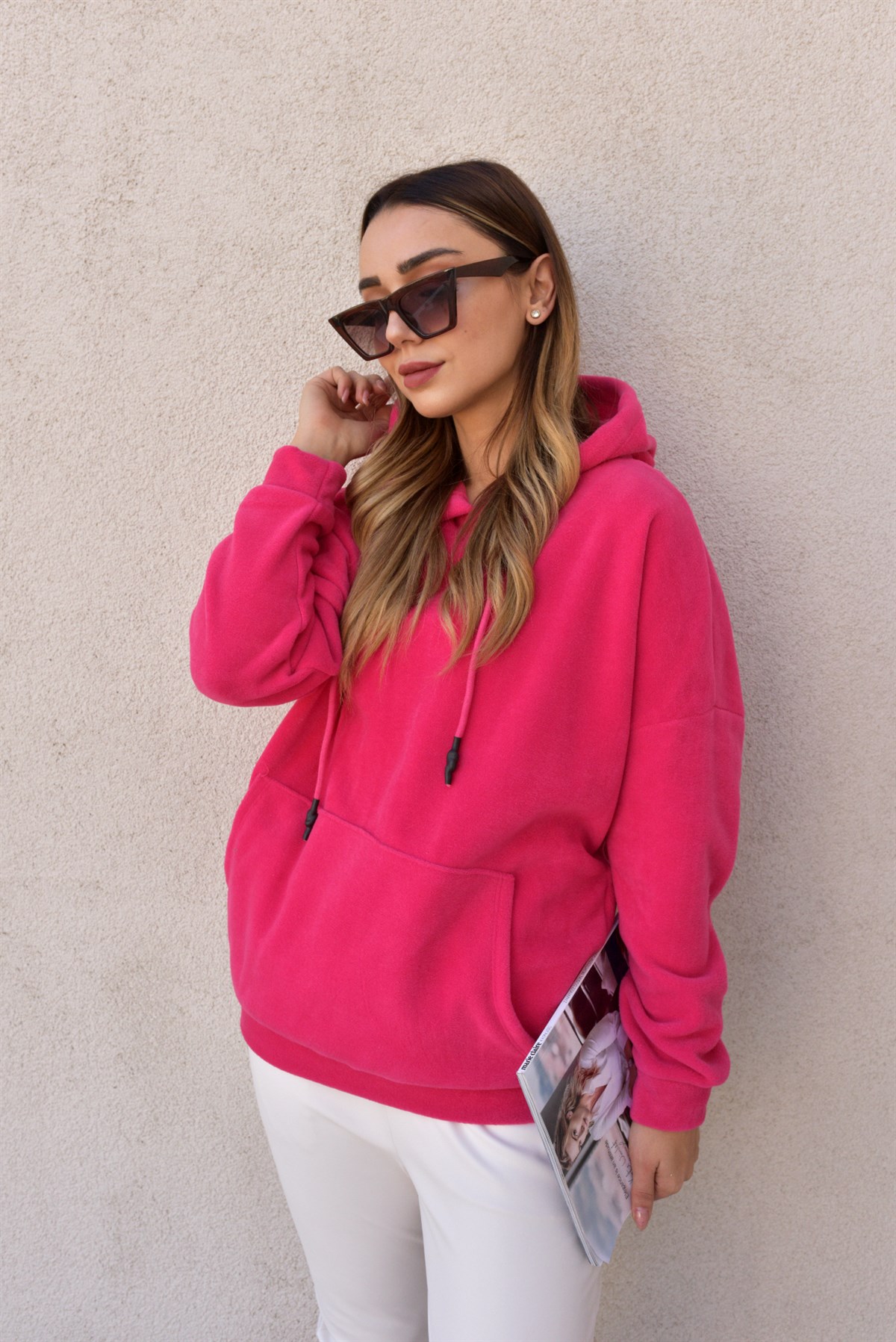 Fuşya Kapüşonlu Polar Sweat