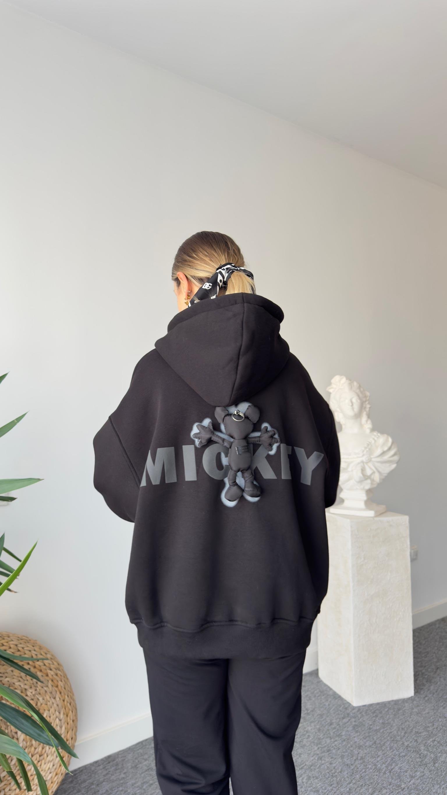 Sırtı Mickey Aksesuarlı Siyah Kapüşonlu Sweatshirt