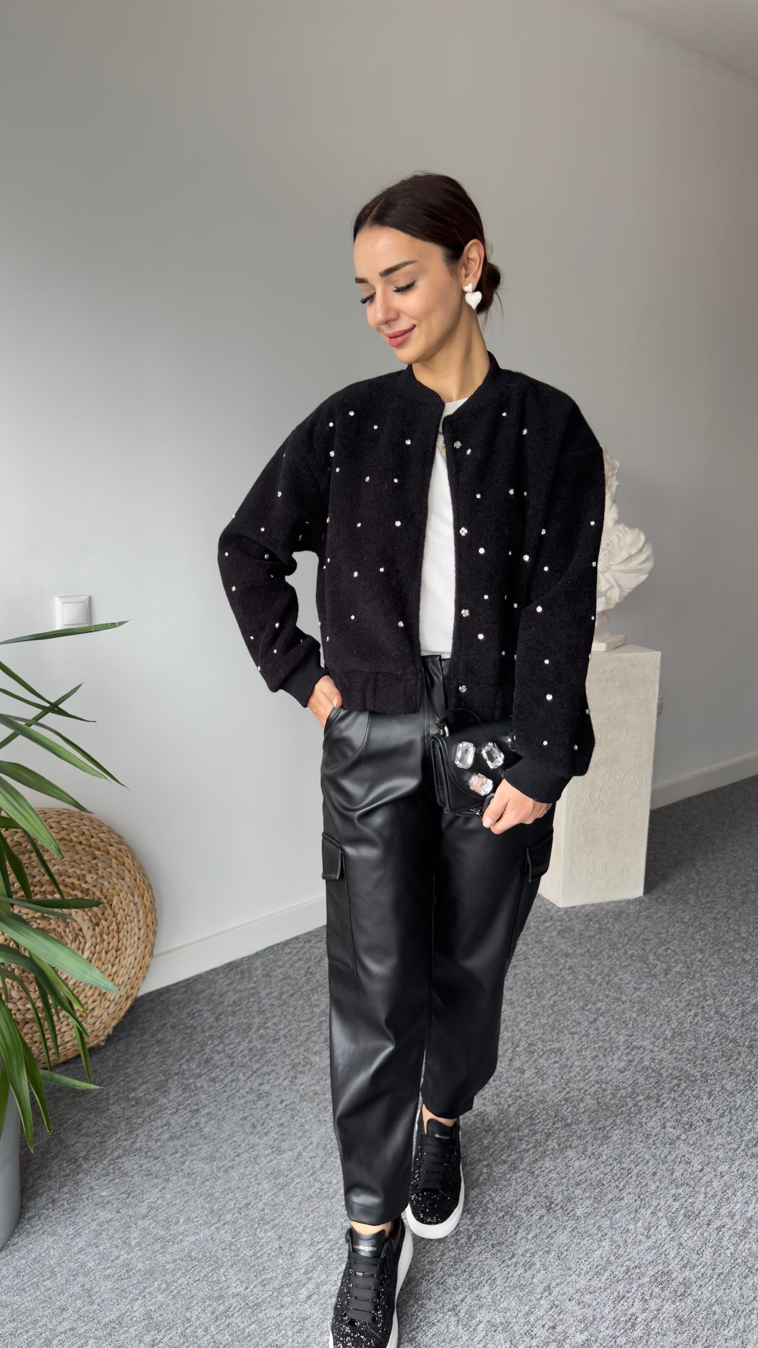 Cylie Zra Model Taşlı Siyah Bomber Ceket