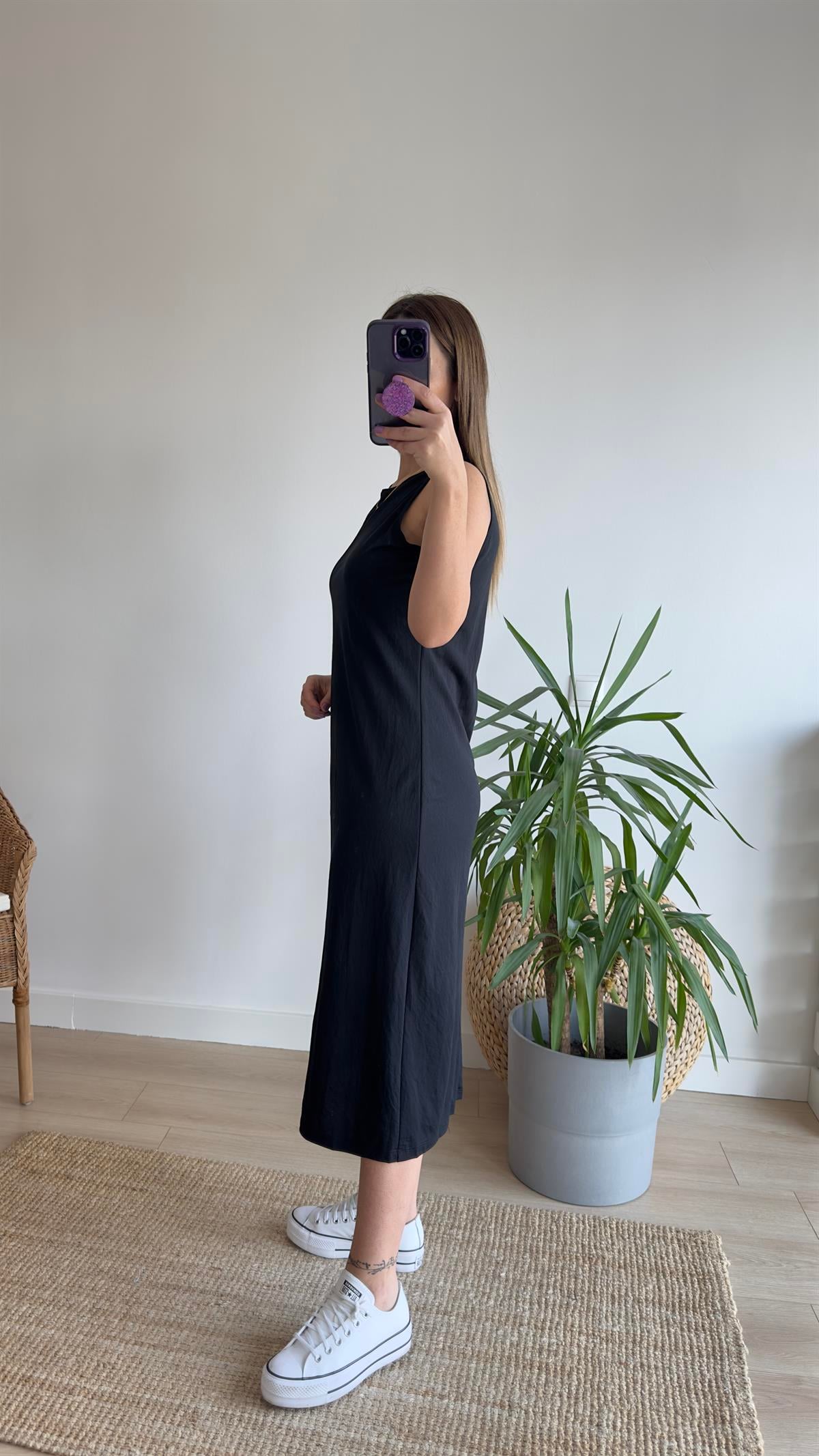 Woven Kolsuz Siyah Basic Elbise 