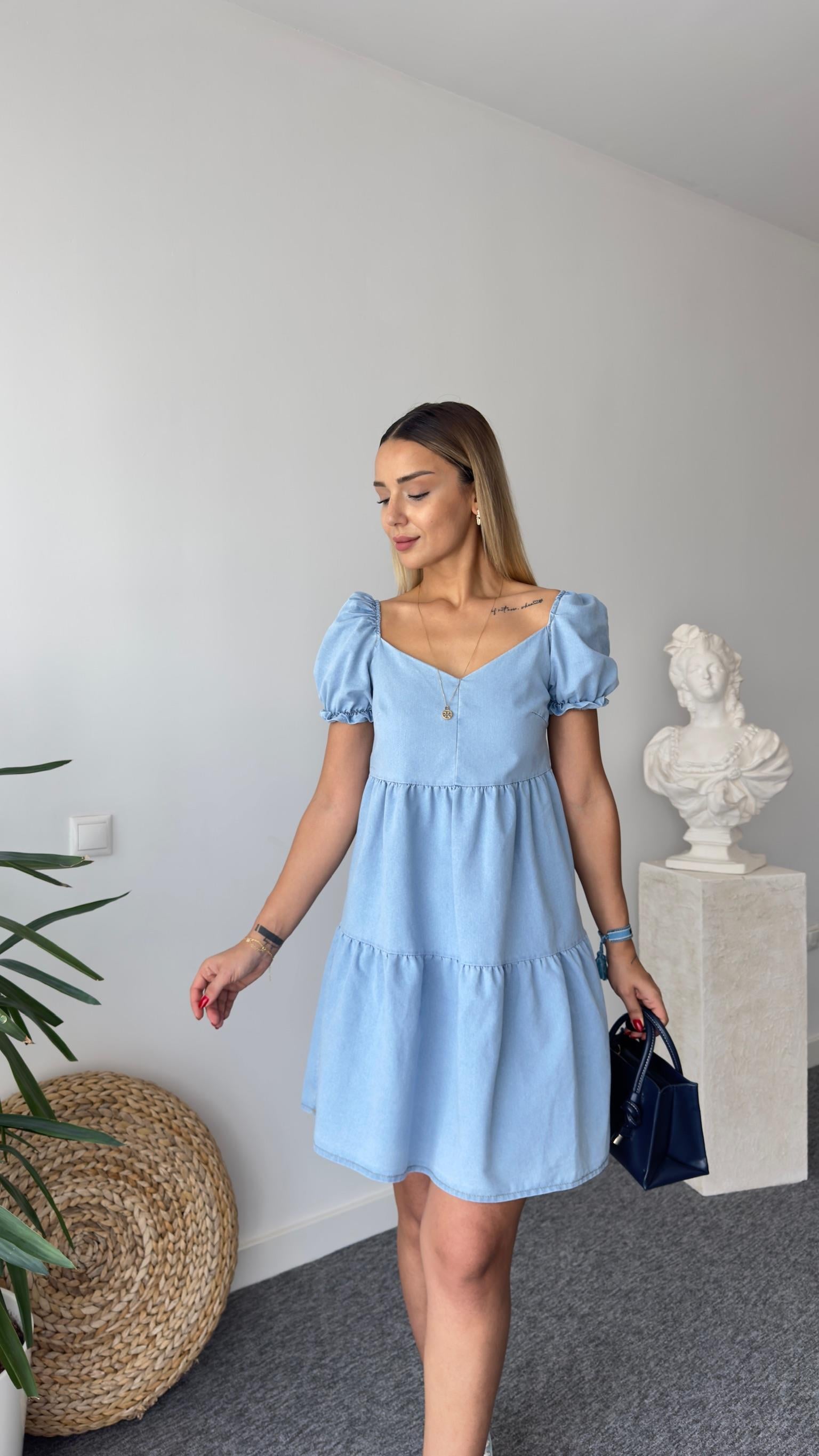 Klari Sırt Lastikli Volanlı Jean Elbise 