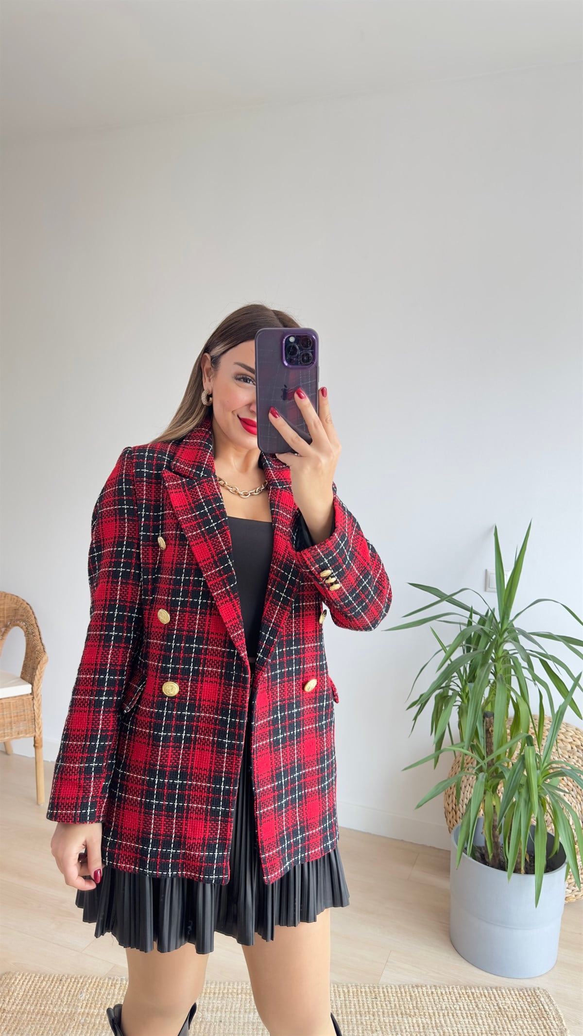Ekose Desen Gold Düğme Kırmızı Blazer Ceket