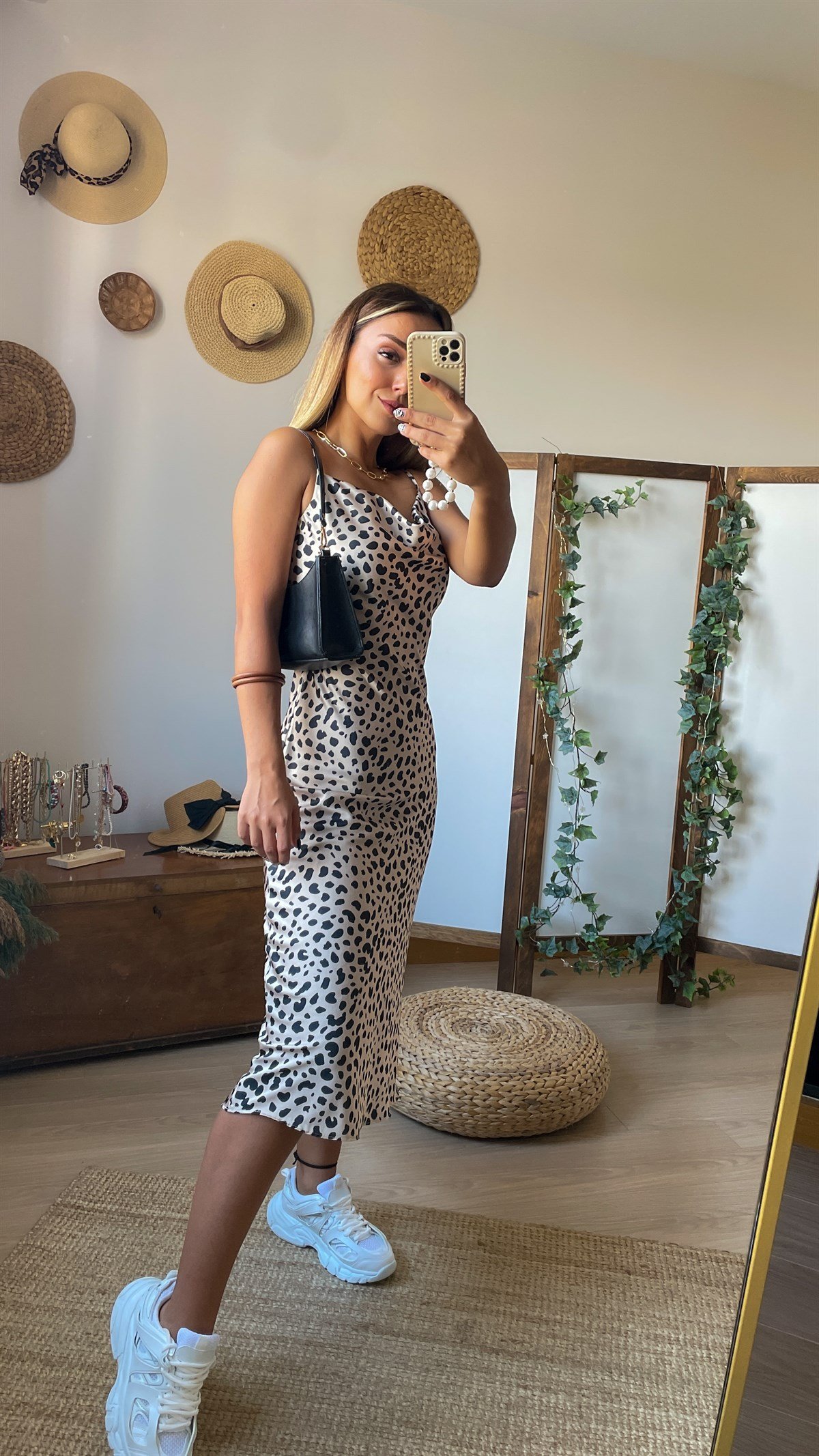 Leopar Desen Saten Elbise