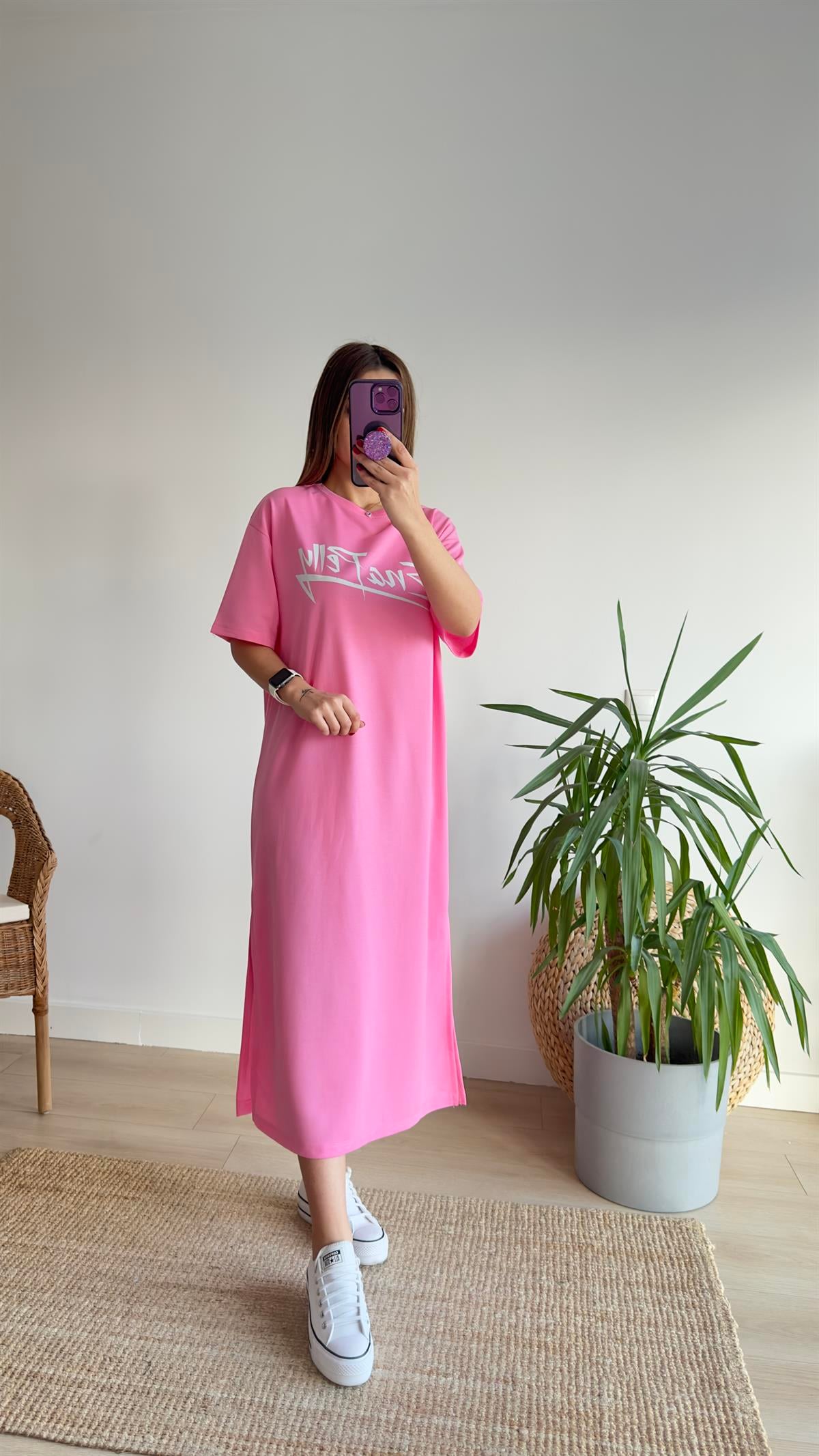 Camex Yazı Detaylı Pembe Elbise