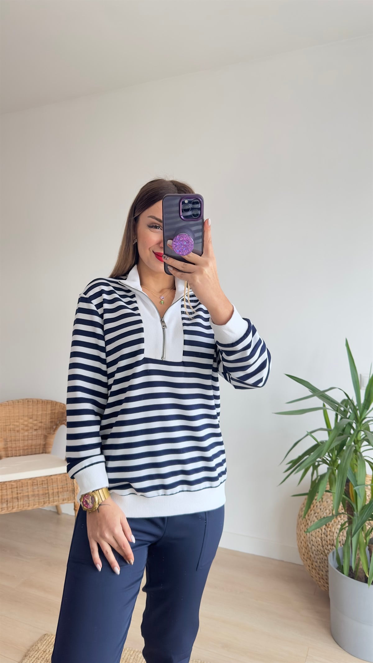Lacivert Çizgili Yarım Fermuarlı Sweat