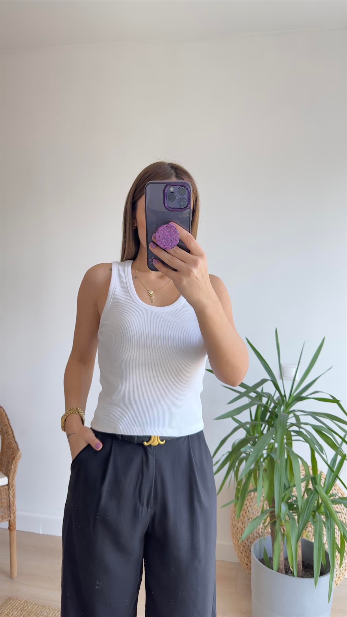 İlya Çizgili U Yaka Beyaz Crop