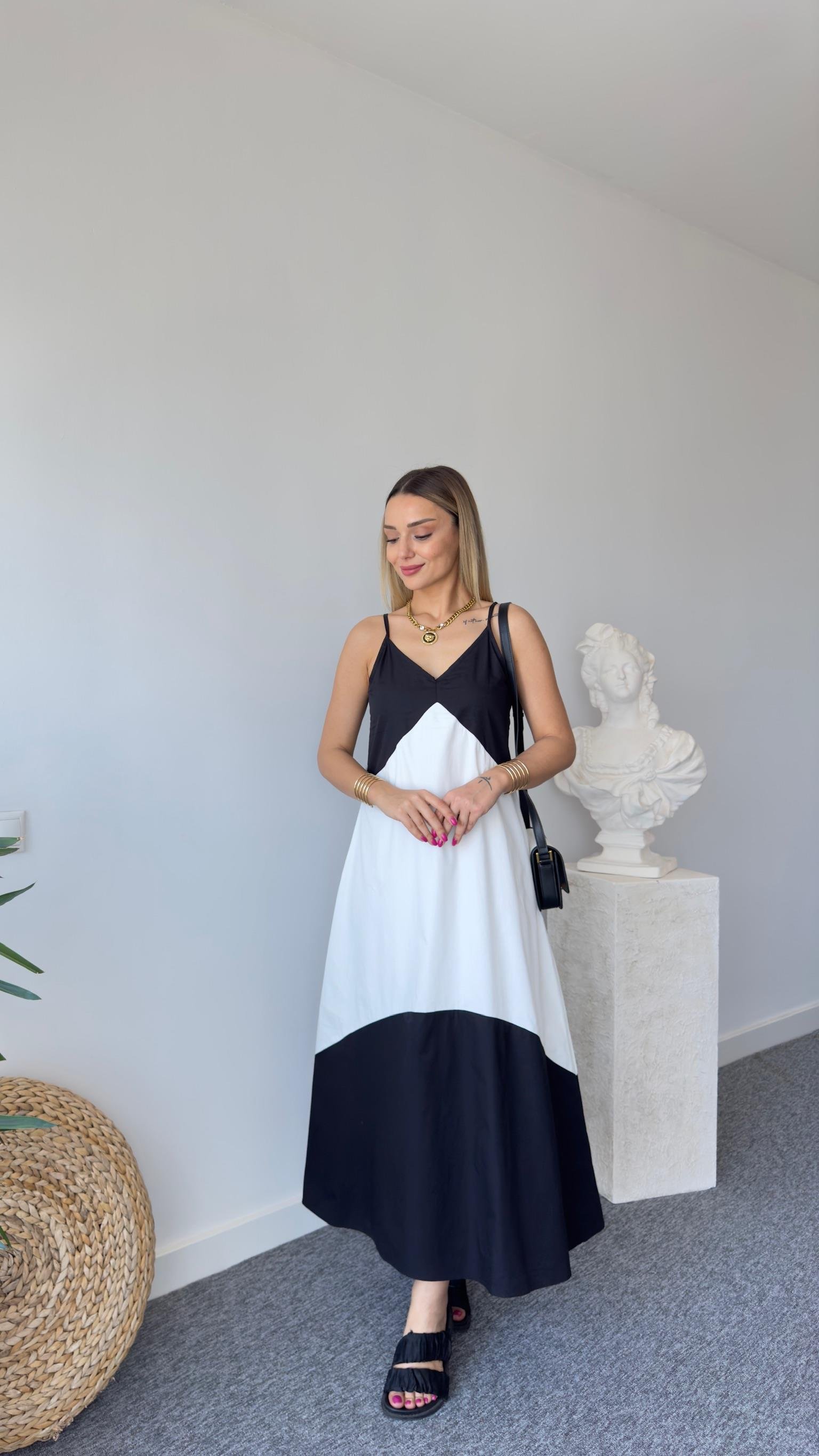 Siyah Beyaz Renk Geçişli Poplin Elbise