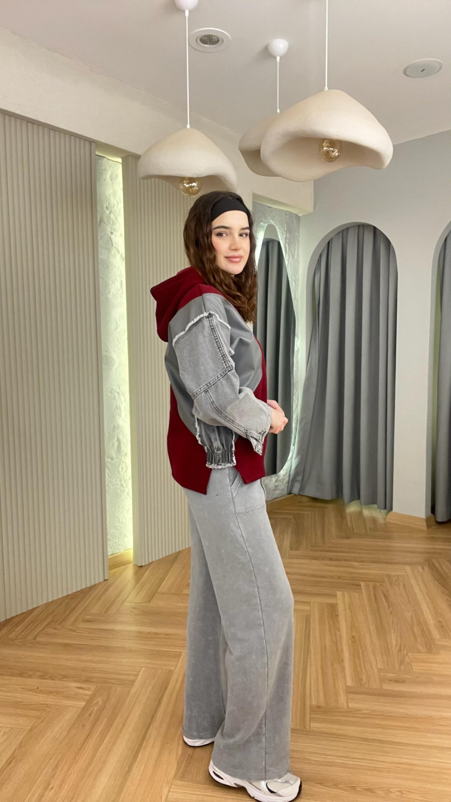 Bordo Kot Ve Deri Garnili Kapüşonlu Sweatshirt